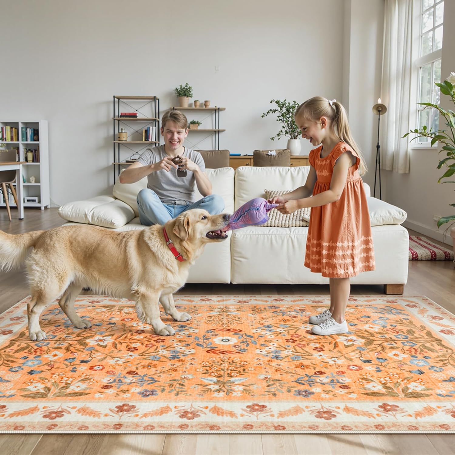 LEEVAN Floral 5x7 Area Rugs for Bedroom, Washable Boho Living Room Rug, Fall Decor Vintage Dining Room Mat, Non Slip Nursery Bedside Rug, Thin Low Pile Carpet for Office(Orange)