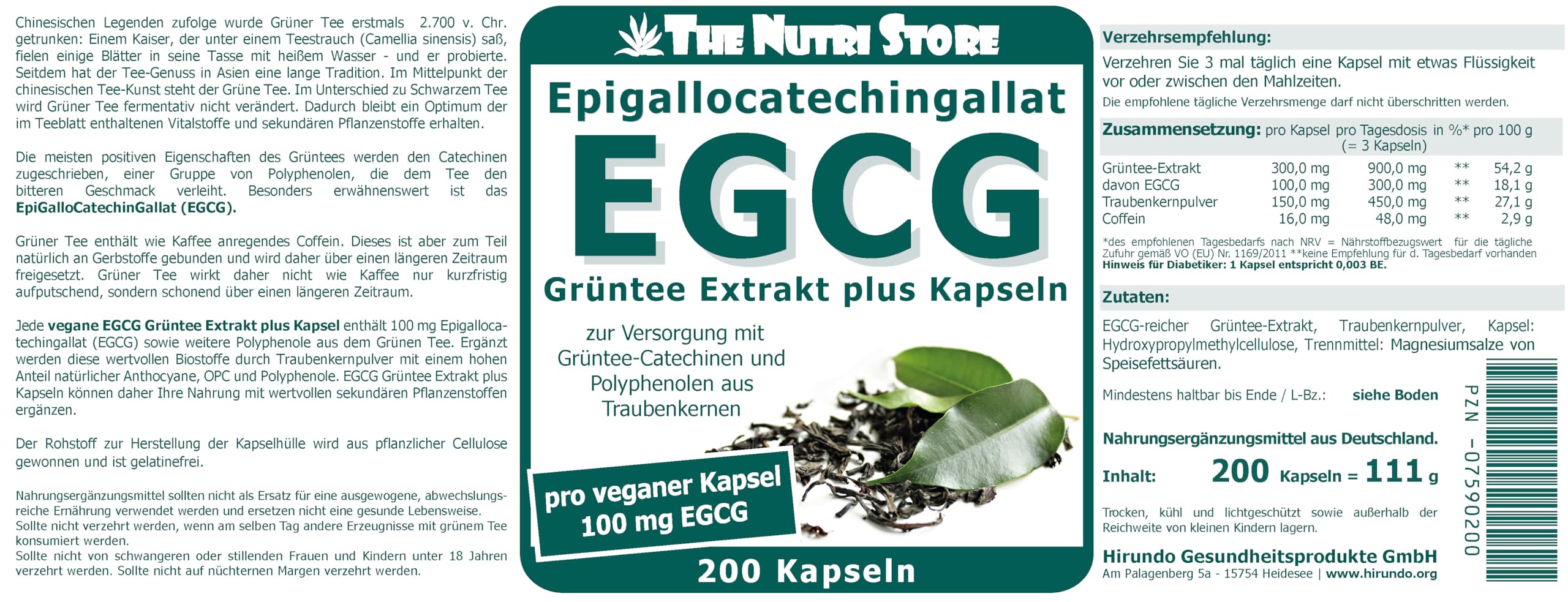 EGCG 100 mg Grüntee Extrakt plus pro Kapsel 200 Stk zur Versorgung mit Grüntee-Catechinen und Polyphenolen aus Traubenkernen
