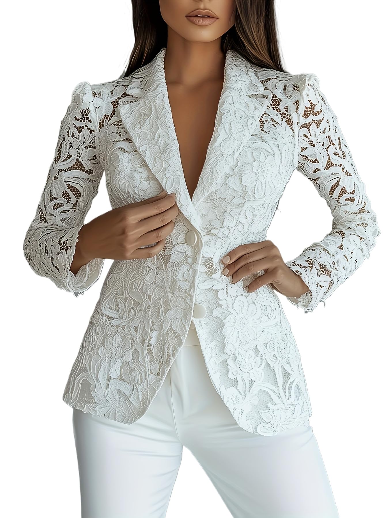 Womens Elegant Lace-Trimmed Single-Breasted Notch Lapel Blazers