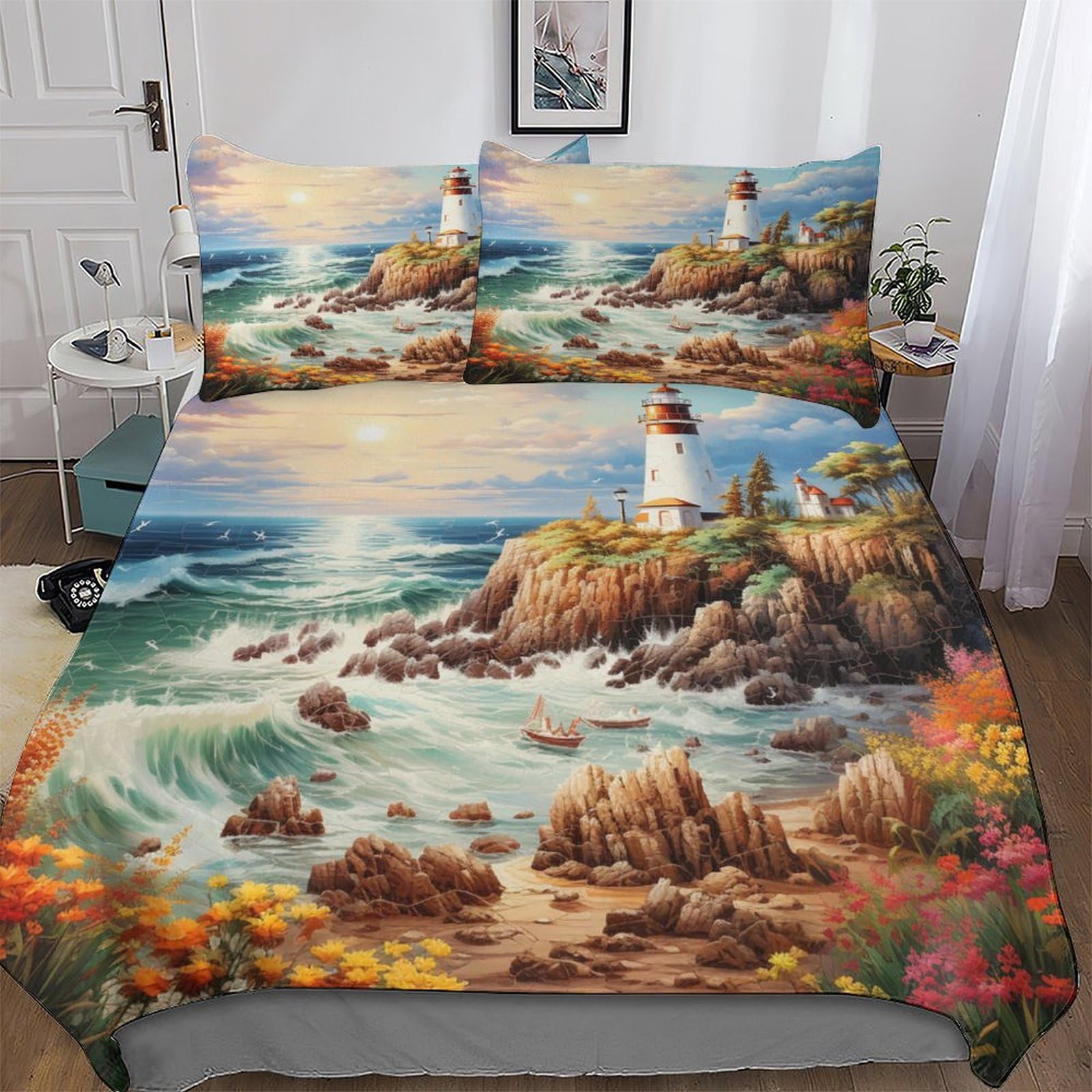 Housse de couette douce microfibre coton coastal phares parure de lit king