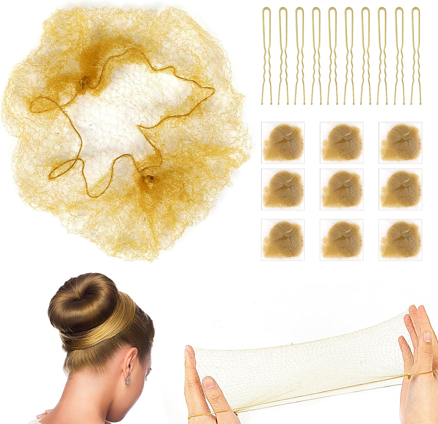 Hair Nets for Buns, 20Pcs Hair Bun Nets Blonde with 20Pcs U Shaped Hair