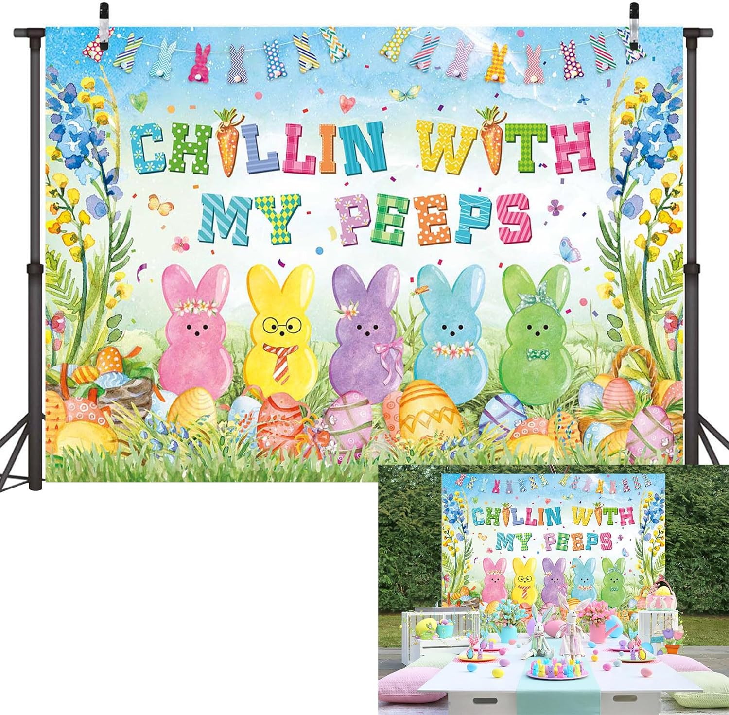 Easter Bunny Backdrop Spring Bunny Chillin with My Peeps Photoshoot Background Happy Easter Eggs Party Decor Banner Booth Props (82x59inch(7x5FT))