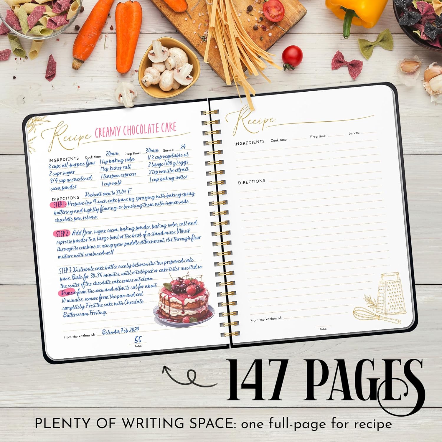 Black & Gold Recipe Notebook (8.5 x 11) – Spiral Recipe Journal to Write Your Own Recipes, 147 Fixed Pages, Lay-Flat Design, Table of Contents, Pocket, Stickers, Gift-Ready Box