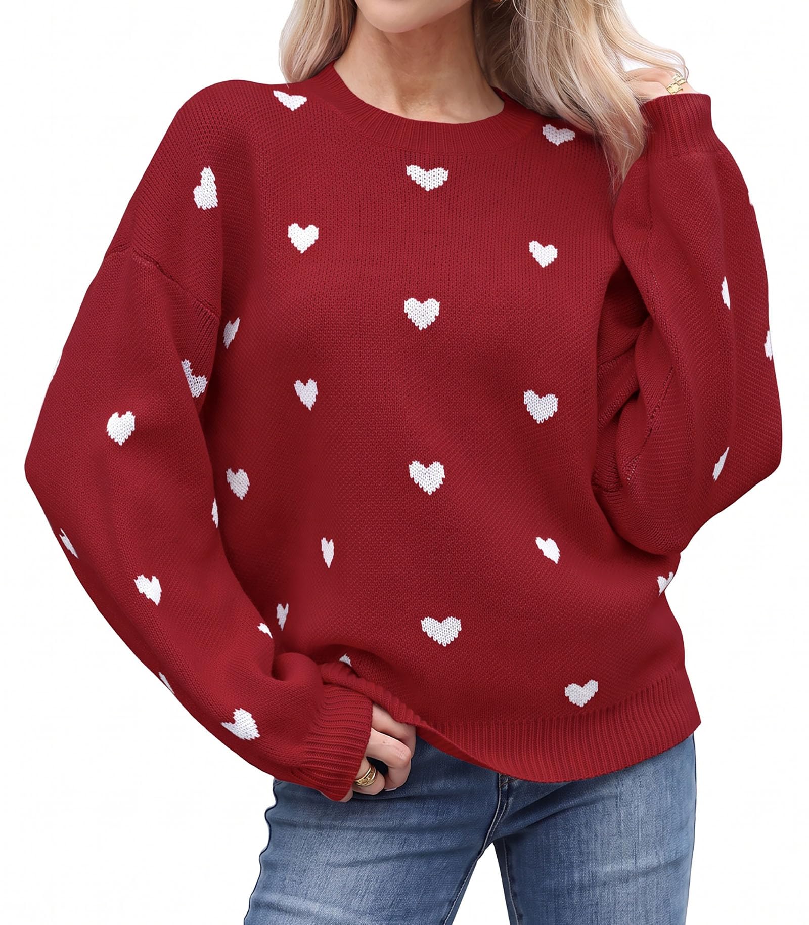 Pullover Damen Herzmuster Strickpullover Rundhals Locker Langarm Pulli | Weicher Strick Herzmuster Lockerer Schnitt Rundhals Ballonärmel Bequem Vielseitig für Alltag Freizeit Büro Herbst und Winter