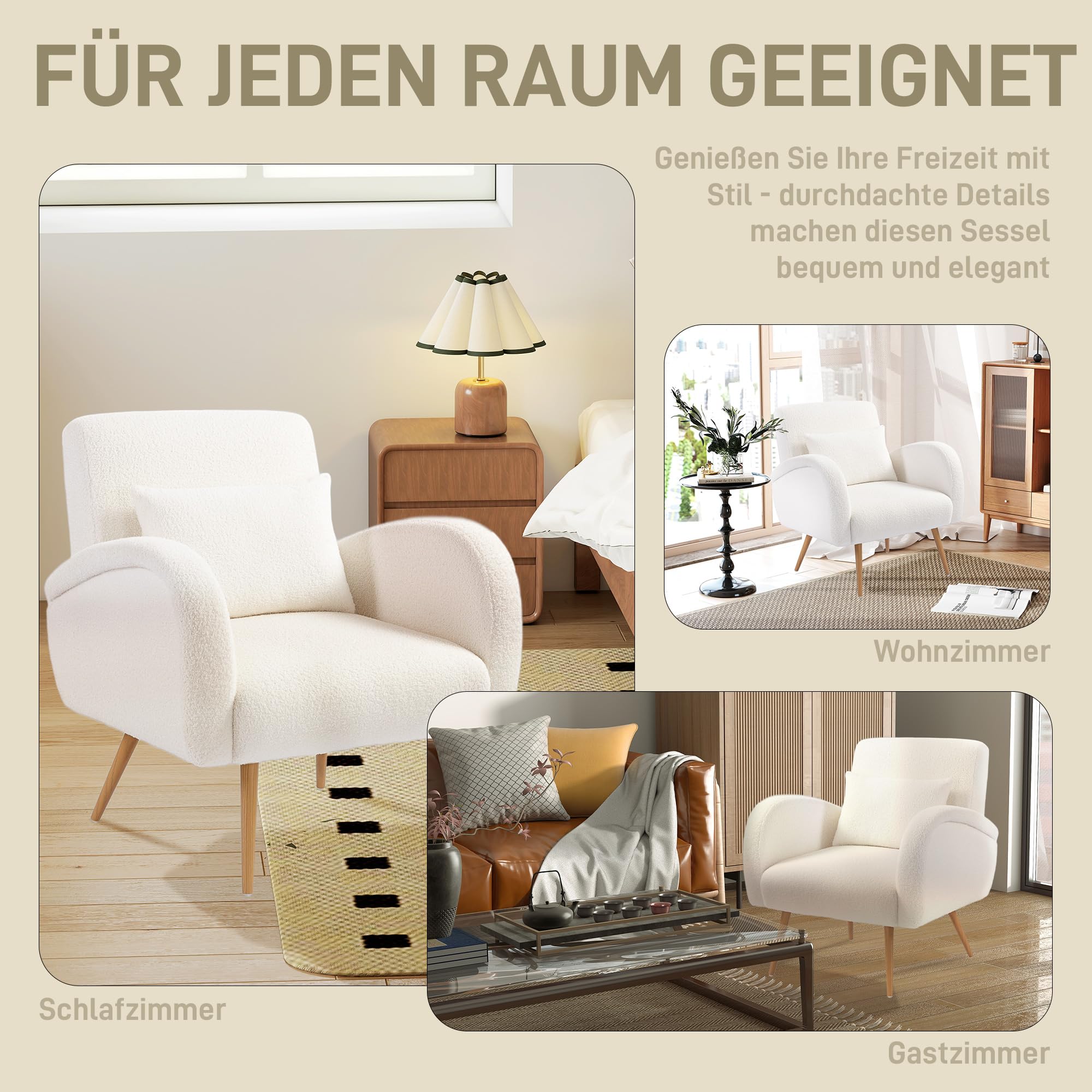 HOMCOM Sessel gepolsterter Loungesessel mit Armlehnen, Lendenkissen, Lesesessel Relaxsessel mit Metallbeine, Teddyfleece-Optik, Polstersessel für Schlafzimmer Wohnzimmer Cremeweiß