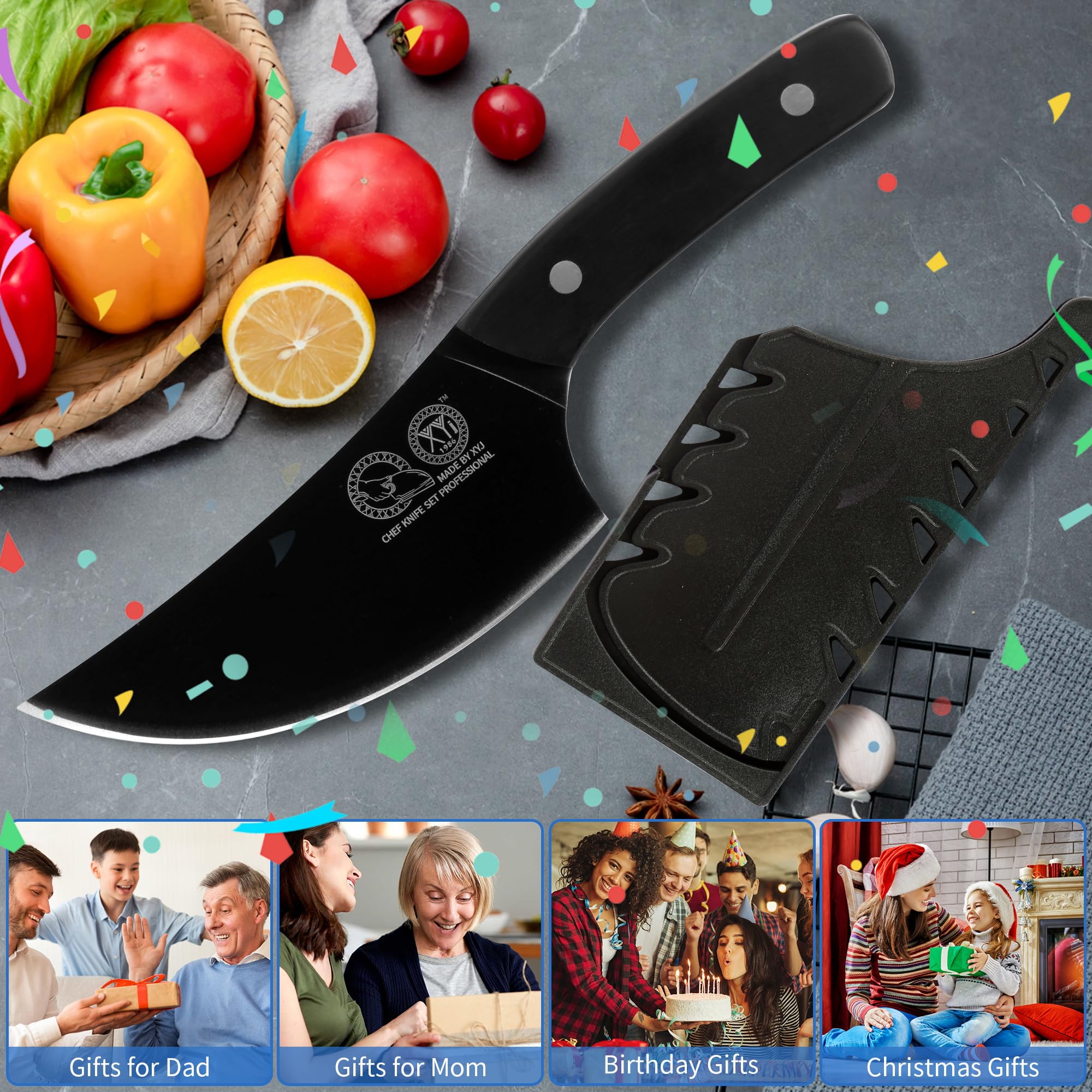 XYJ 5.5 Inch Boning With Sheath,Stainless Steel,Black Fish Fillet Kitchen Knife,Full Tang,Meat Cleaver for Meat Cutting,Carving Knife for Kitchen Outdoor Camping BBQ