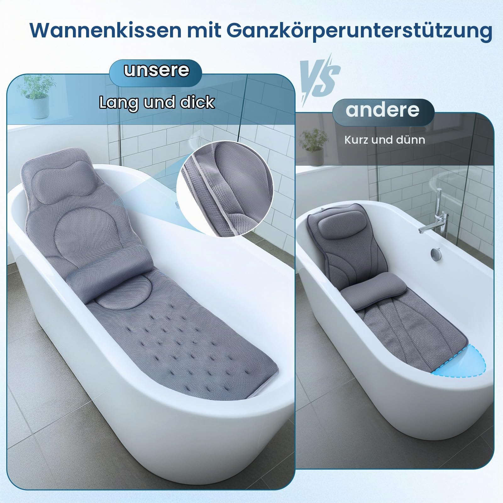 Badewannenkissen Ganzkörper Badekissen-Bequemes, stromlinienförmiges Design –extra Dicke – Stützt Kopf, Nacken, Schultern und Rücken-für Entspannung Home Spa-schnelltrocknend & hautfreundlich