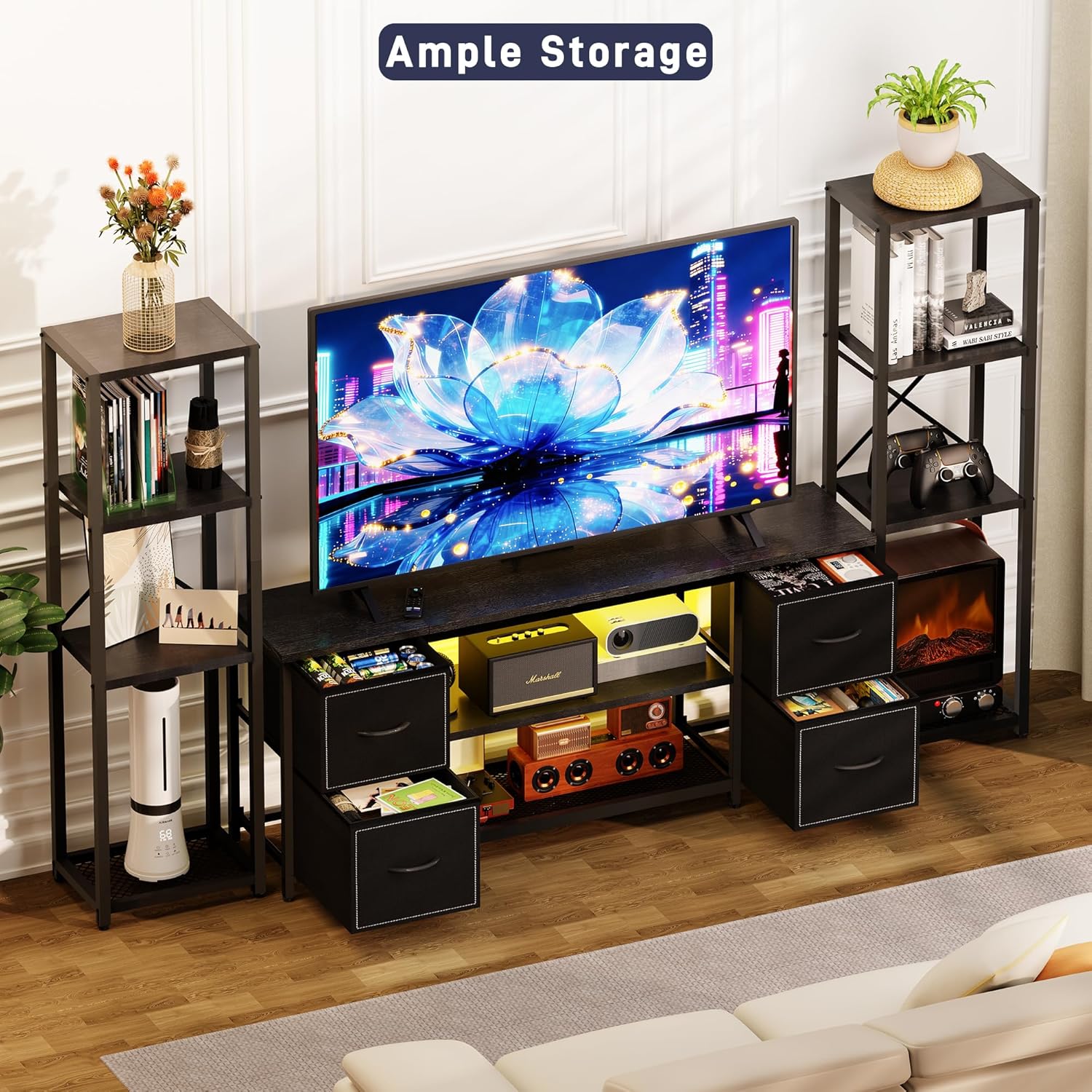 LED TV Stand 60 Inch for Living Room with Charging Station, Farmhouse Entertainment Center with 2 Industrial Bookshelves, Modern Console Cabinet with Storage Drawers (Black) - Image 7