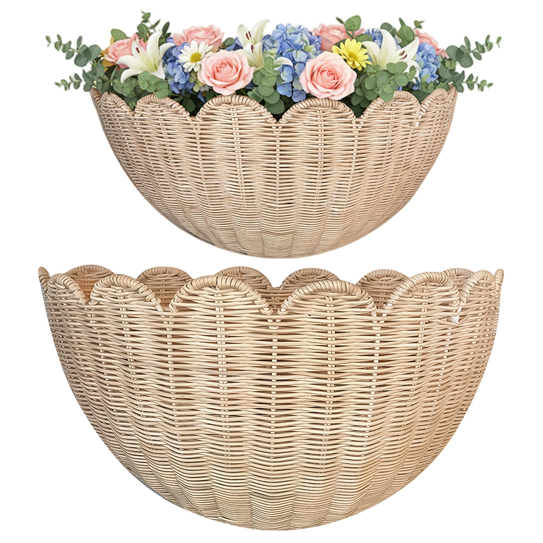 Monetais 2 Pack Wall Basket Decor, Hand Woven Boho Scalloped Wall Basket Haning Rattan Storage & Decor for Home, Bathroom, Kitchen, Living Room, 2 Size Scalloped