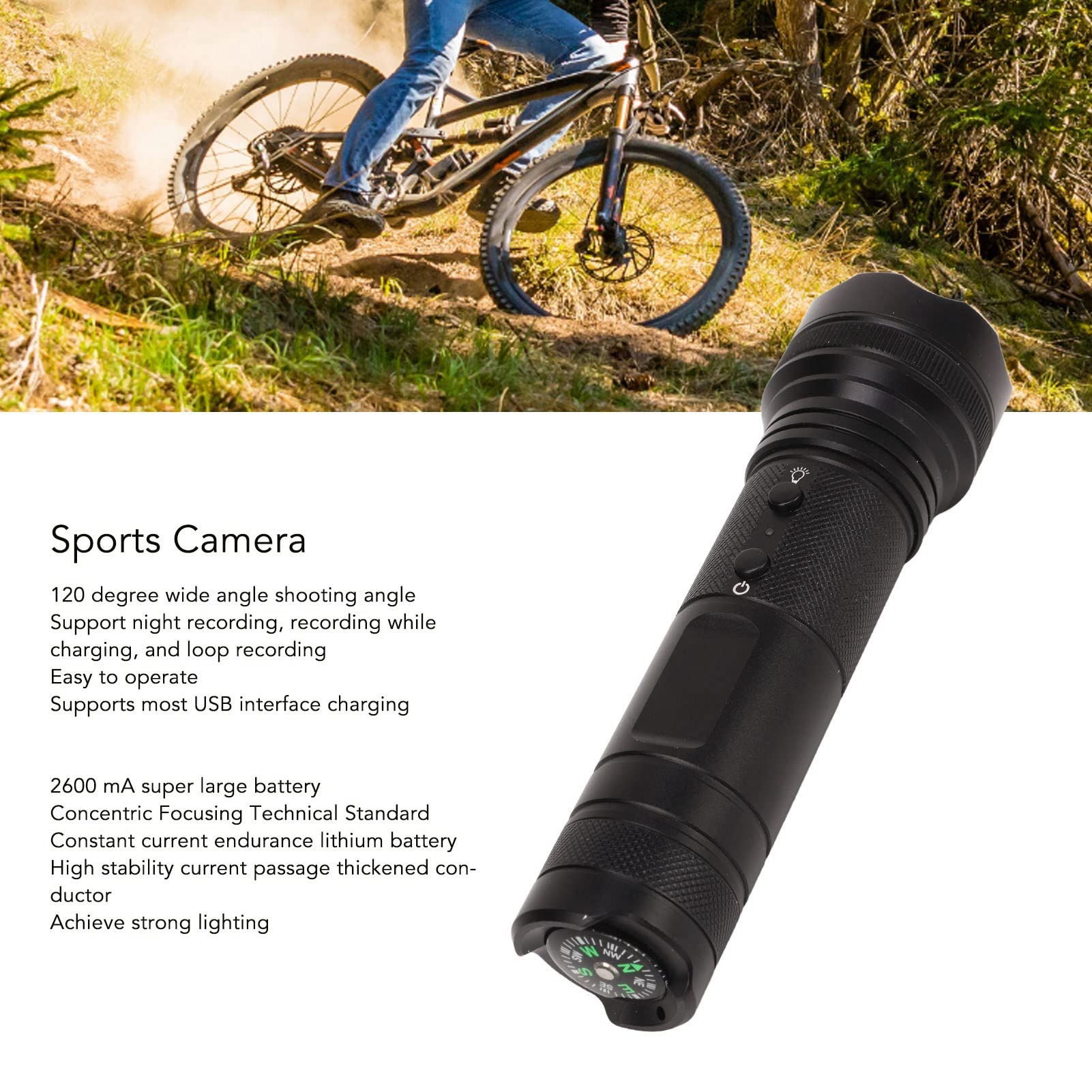 Kamera na Kask Motocyklowy, Kamera Sportowa HD 18MP z latarką, Kompas, Szerokokątna Kamera Rowerowa 120 ° DV na Kemping, Nocna Jazda
