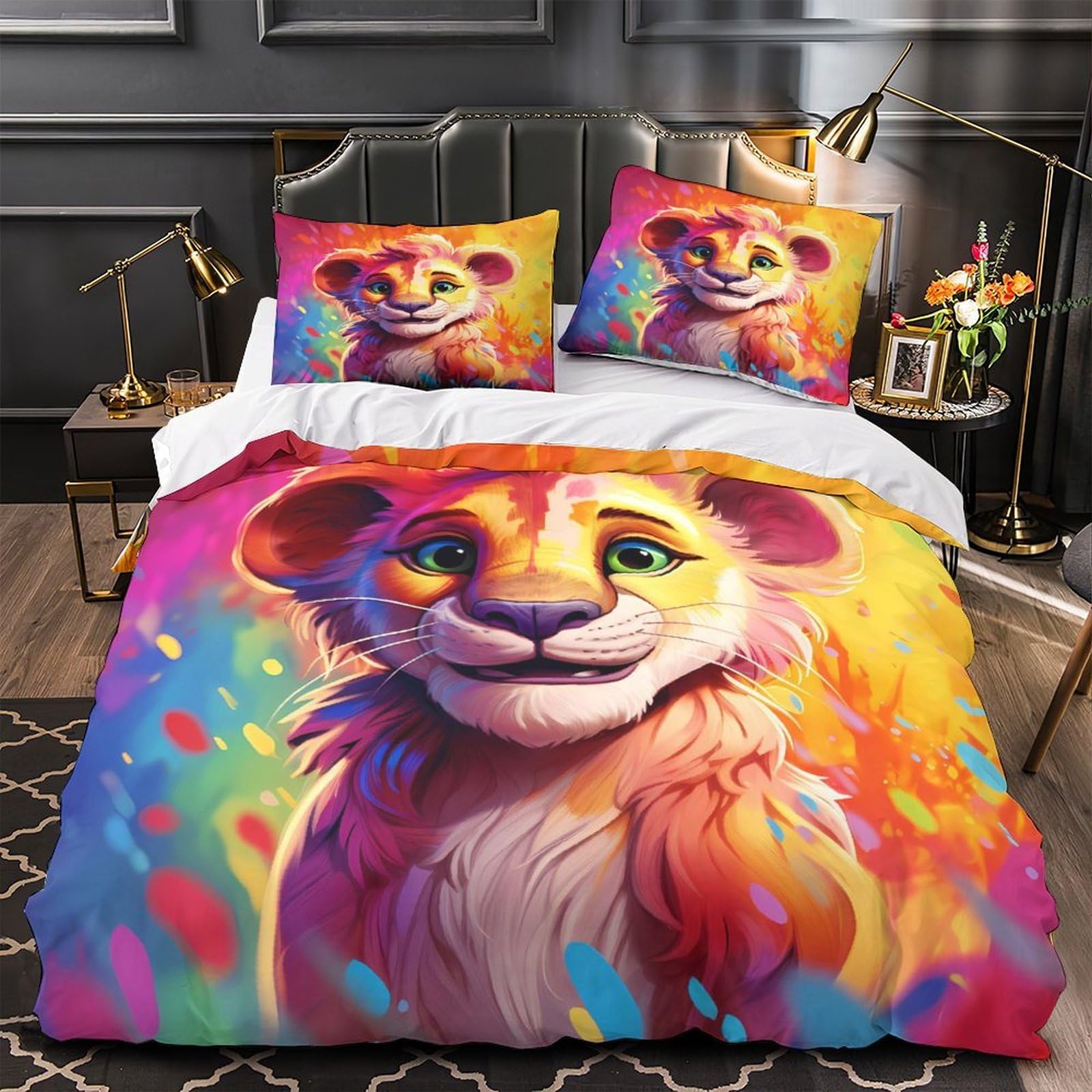 Parure de lit lionceau coloré 3D 140x200 en microfibres pour enfant