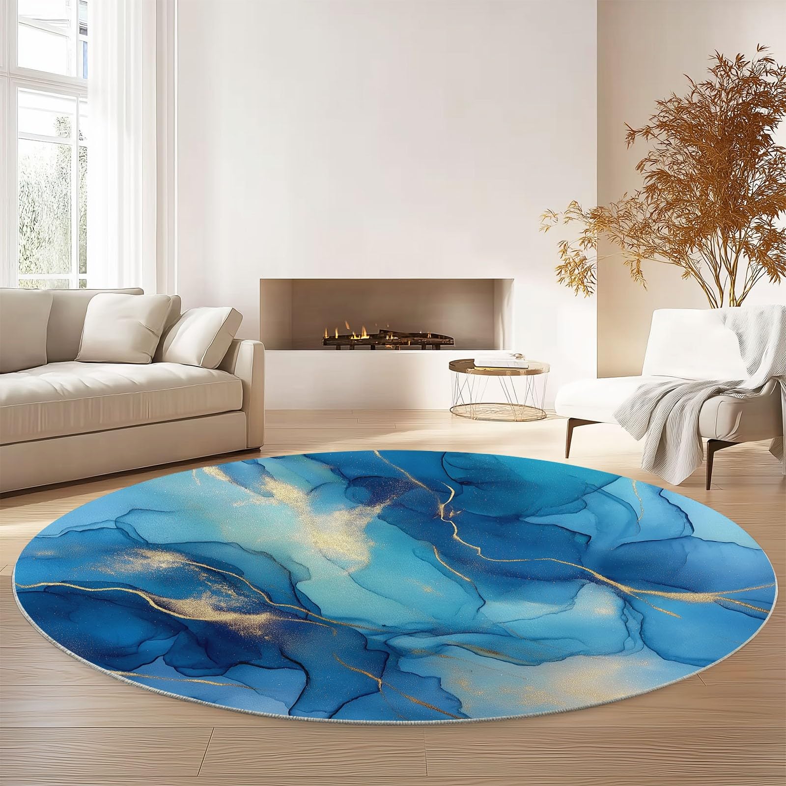 Generisch Teppich Rund 160 cm Abstrakter Eleganter Marmor, rutschfest Teppiche Wohnzimmer, Runder Waschbar Rund Teppiche Kurzflor, Weich Runder Teppich Blau Gold for Wohnzimmer Schlafzimmer Studie