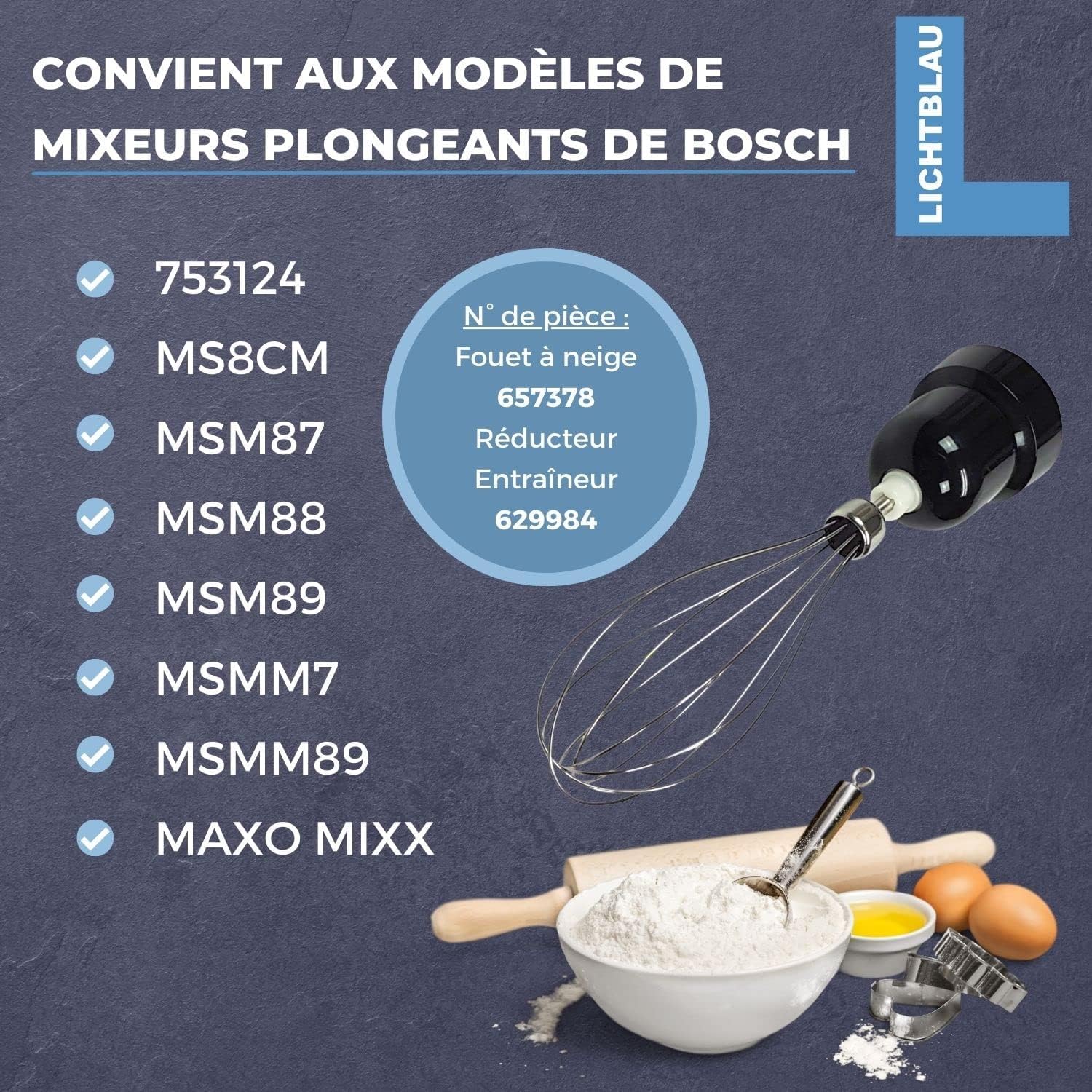 Lichtblau Fouet 657378 avec engrenage entraîneur 629984 pour mixeur plongeant 753124 pour batteurs manuels Bosch I Rechange pour MS8CM MSM87 MSM88 MSM89 MSMM7 MSMM89 Maxo Mixx etc.