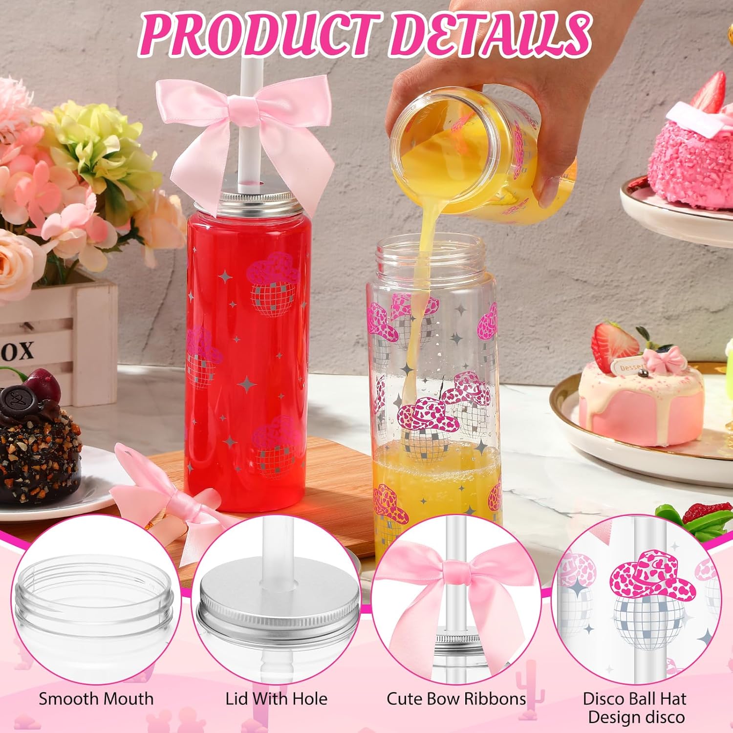 Honeydak 24 Pcs Western Cowgirl Cowboy Pink Plastic Tumbler 14.2 oz Plastic Cups with Lids and Straws and Bows, Cowgirl Tumbler for Disco Bachelorette Birthday Wedding 70s 80s 90s Party - Image 3