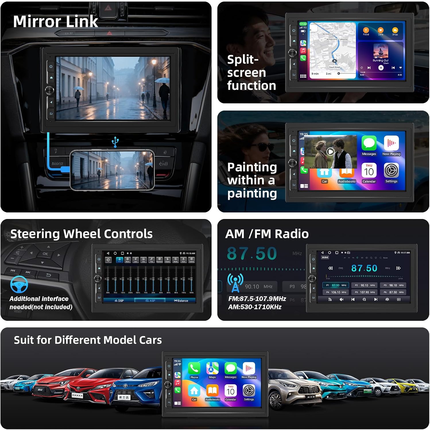 Haudio 7" Double Din Car Stereo with Wireless Apple CarPlay/Android Auto, HD Touchscreen Car Radio with 2+32GB, Mirror Link, Backup Camera, GPS, WiFi, BT 4.1, FM/AM for All Vehicle