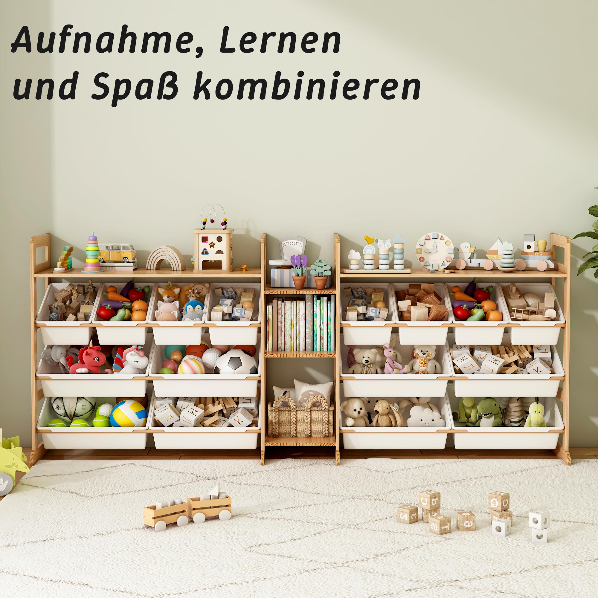188cm Breit Spielzeug-Organizer Holz mit 16 Spielzeug Organizer, Bücherregal Kinder Holz, Regal für Kinderzimmer Leseecke, Kinder Aufbewahrungsbox für Schlafzimmer, Kinderzimmer, Arbeitszimmer