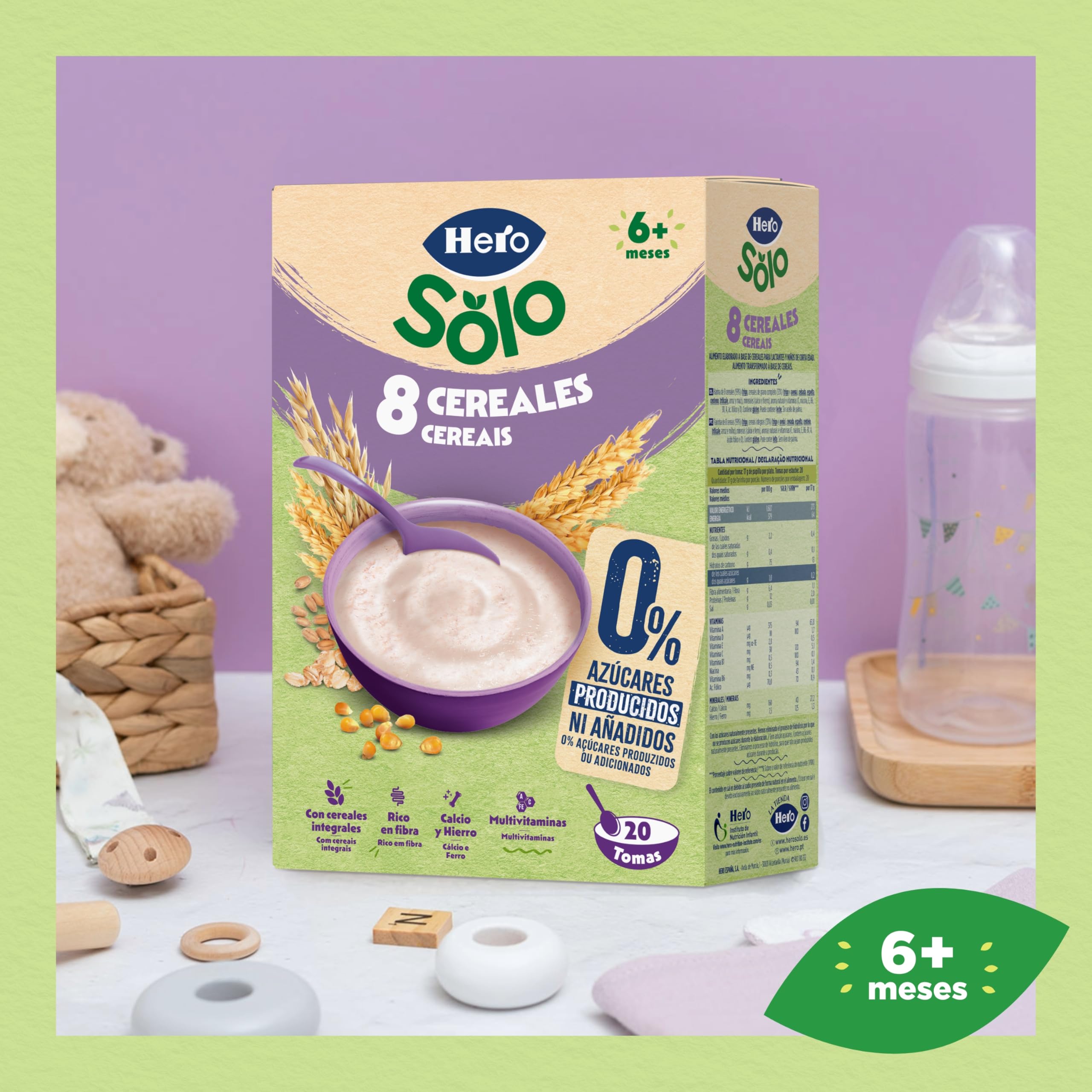 Hero Solo Papilla 8 Cereales Sin Azúcares Añadidos para Bebés a partir de 6 meses