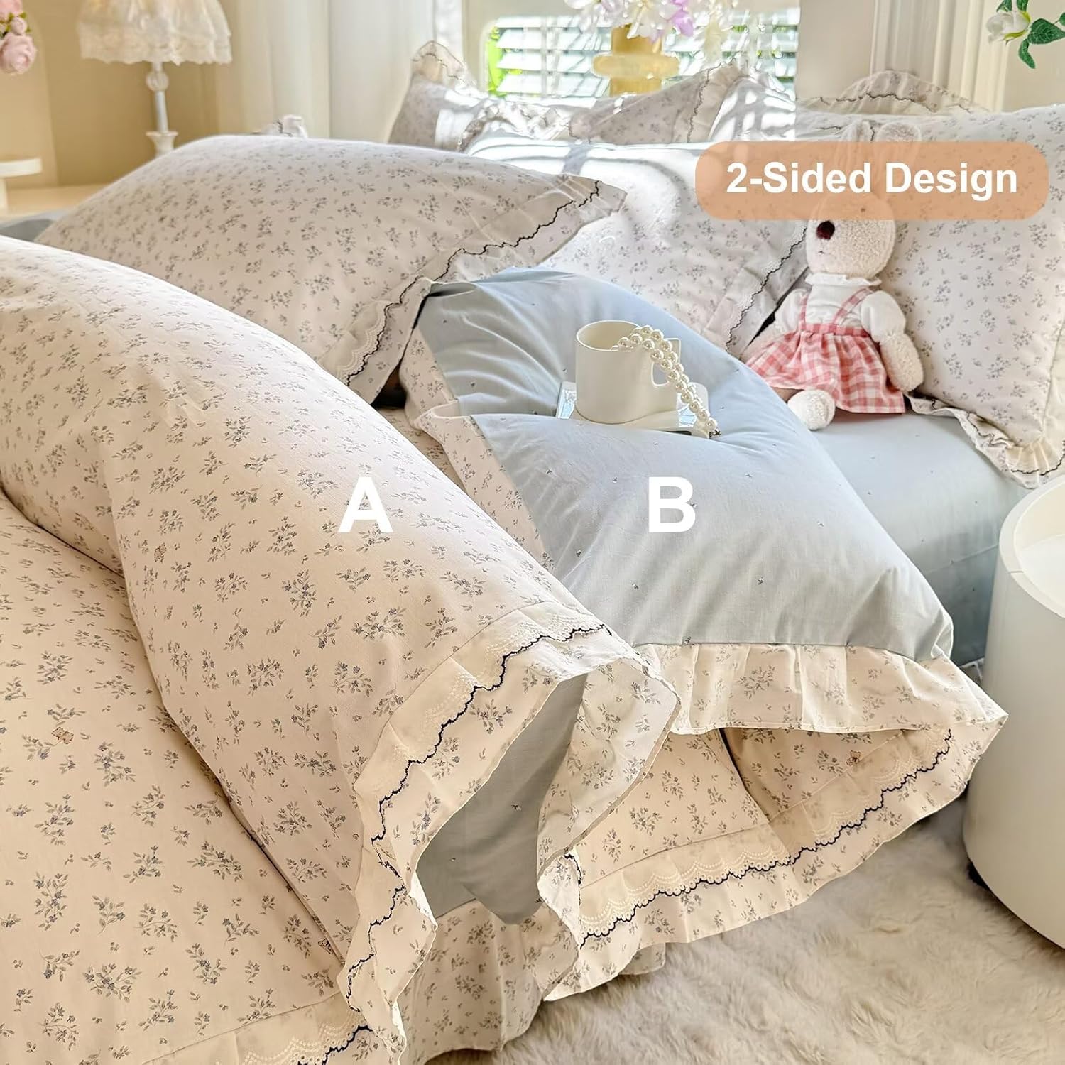 100% Cotton Duvet Cover Queen Size Lace Ruffle Fringe Skin Friendly Soft Breathable Bedding Set with Zipper,3 Pieces Aesthetic Comforter Covers 90"X90",1 Duvet Cover and 2 Pillowcases