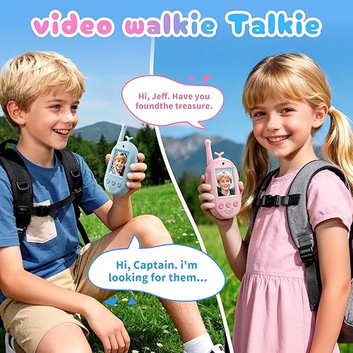 Miniatura 2 de Walkie Talkies de video mejorados para niños, paquete de 2 llamadas de vozvideo recargables para niños, juguetes para juegos de interior, exterior,