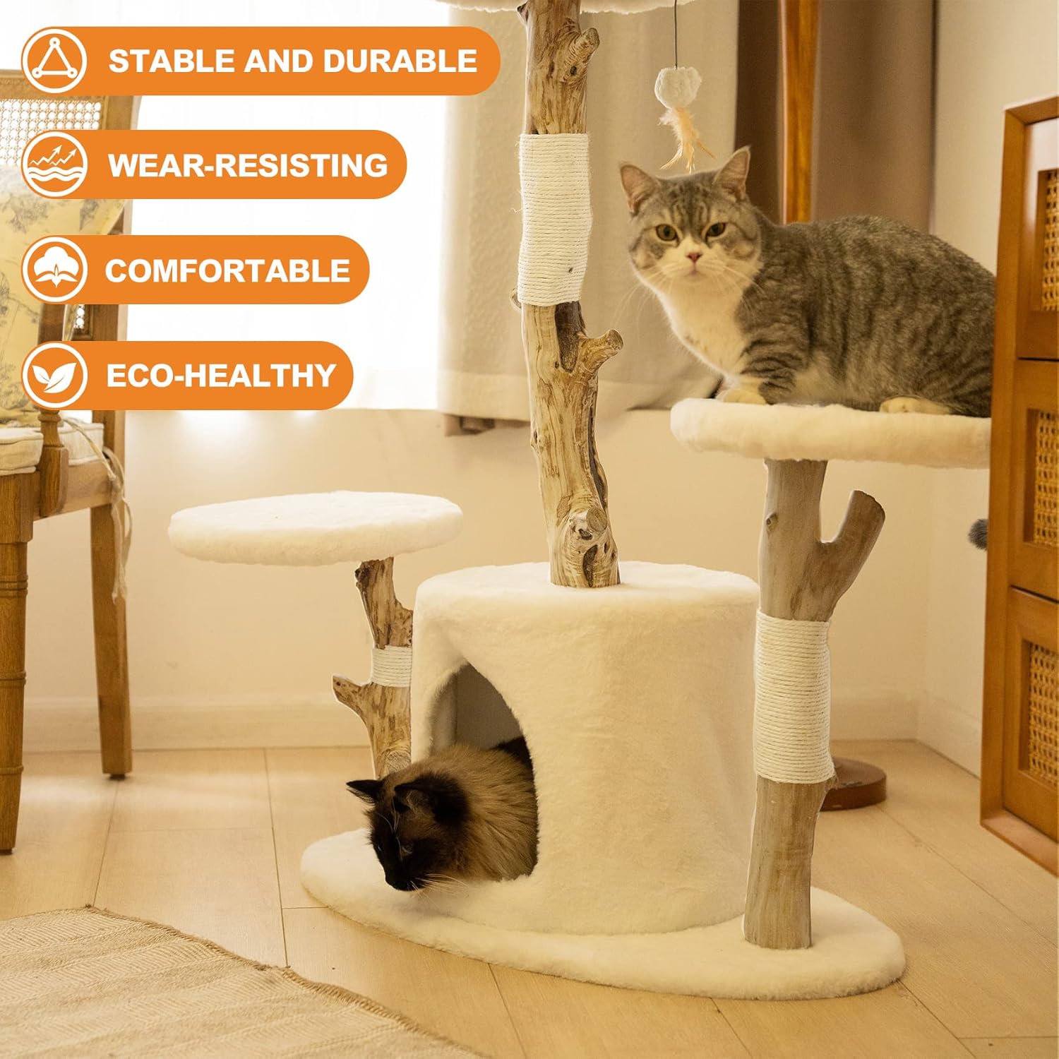 Petest Cat Tree 38 Inch Real Wood Cat Tower with Natural Branches, Cat Condo for Indoor Cats, Modern Cat Furniture with Sisal Scratching Post, Perches & Hanging Toy
