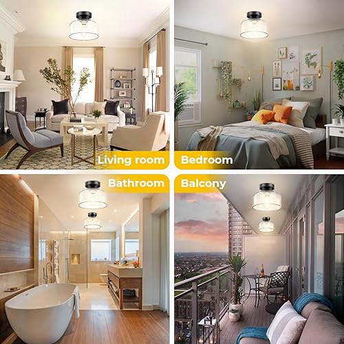 Miniatura 6 de Lámpara de techo semiempotrada, pantalla colgante de cristal transparente, acabado negro mate, lámpara moderna de granja para pasillo, pasillo,