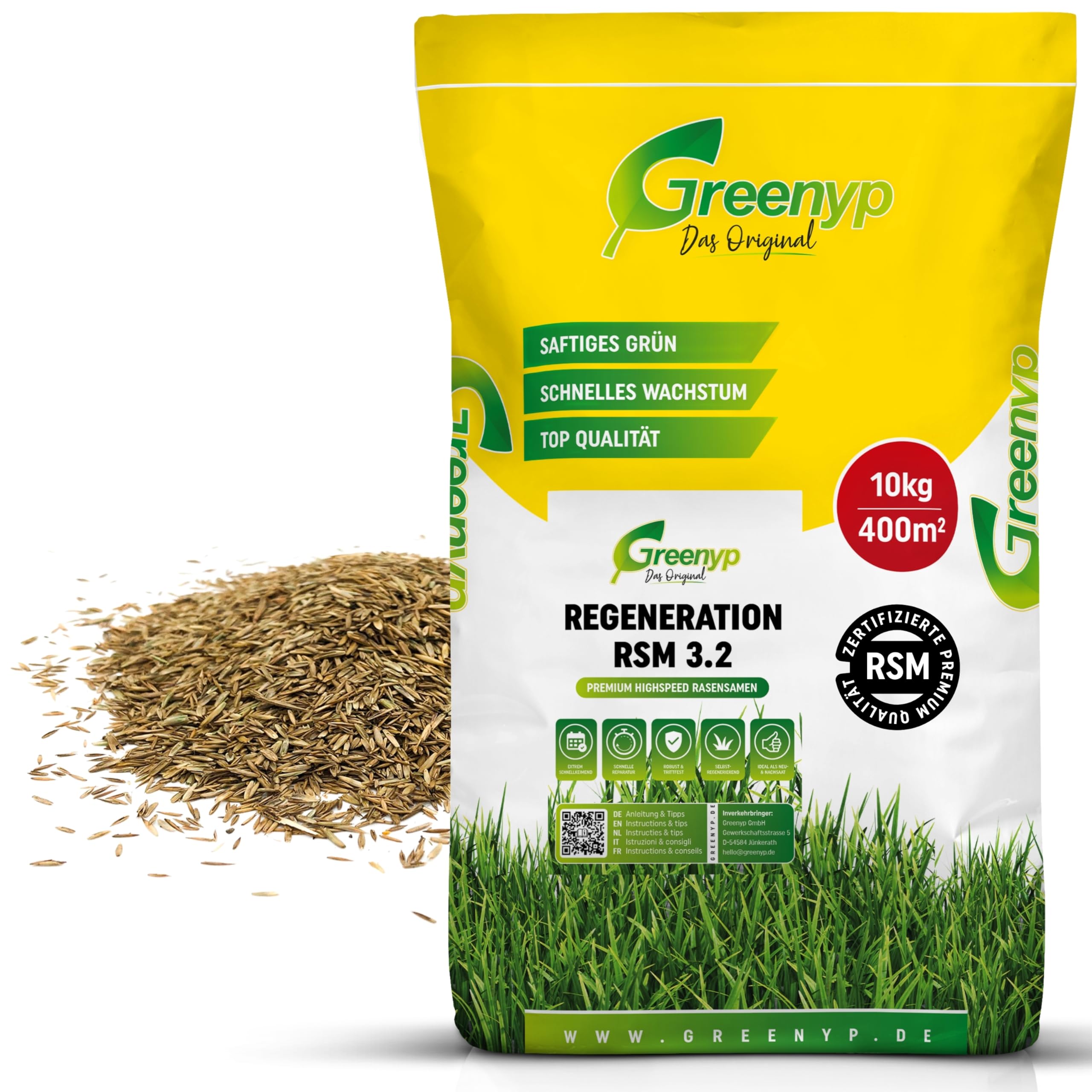 Greenyp Turbo Nachsaat RSM 3.2 I Rasensamen schnellkeimend Frühjahr I 10kg für 400m² I Ideal gegen Lücken als Neu- & Nachsaat I 100% RSM Rasensamen I Grassamen Rasensaat Gras Reparaturrasen