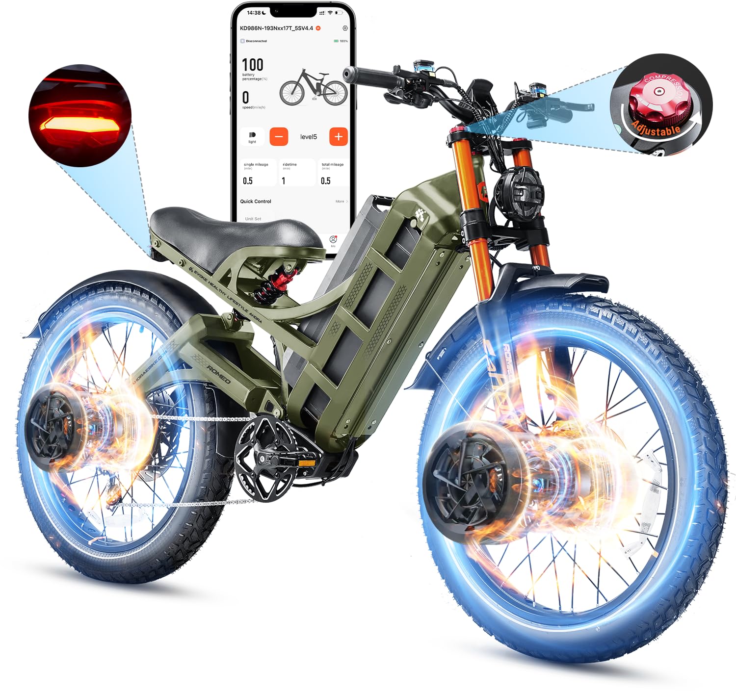 eAhora 2025 Romeo Pro 3/ Pro 2 5600W/ 4000W 50/46MPH Dual Motor Electric Bike for Adults, 80/70Ah/200+ Miles Long Range Electric Bike, 26'' Puncture-Proof Tire, 7-Speed Pedal Assist UL Certificate