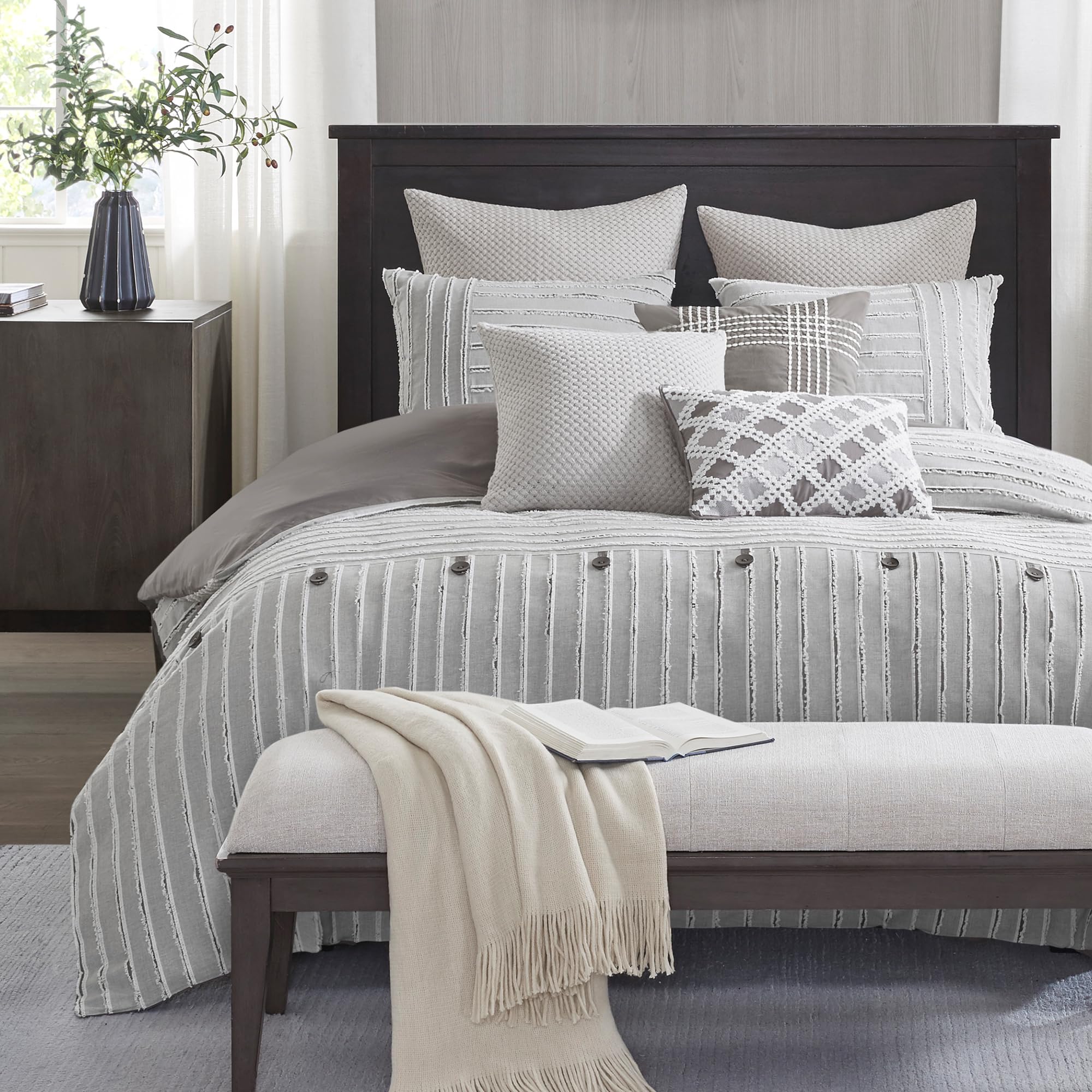 Madison Park King Comforter Set, Removable 100% Cotton Duvet Cover King Size with Insert, Farmhouse Bedding, Textured Stripe Clipped Jacquard Accent, King, Grey 9 Piece