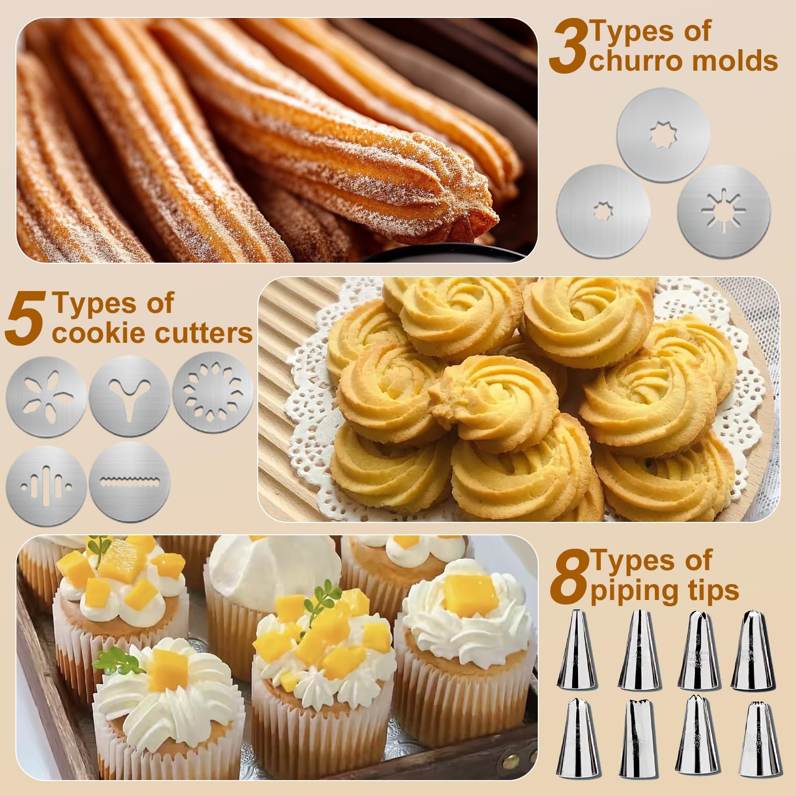 Juego de prensa de pastelería de acero inoxidable, sin BPA, para hacer galletas, churro, con 8 puntas de glaseado y 8 rebanadas (3 churro, 5 galletas) para nata, masa y decoración de