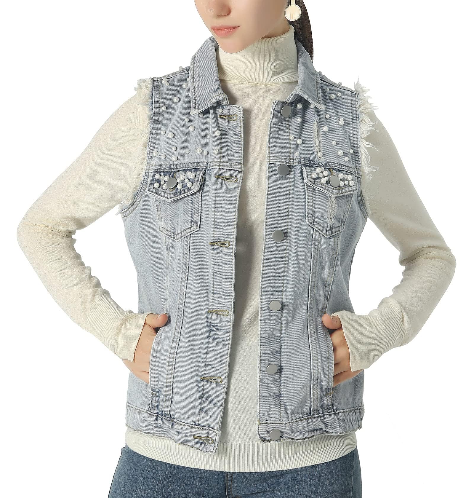 sysinside Women's Candy Color Slim Fit Distressed Denim Vest Frayed Raws Sleeveless Jacket-image-18