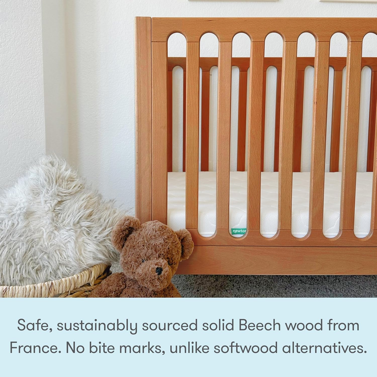Newton Baby Galileo Standard Crib, Solid Beech Wood in Chestnut Color, 3-in-1 Convertible Crib with Toddler Bed Conversion Kit, Baby-Safe Finish