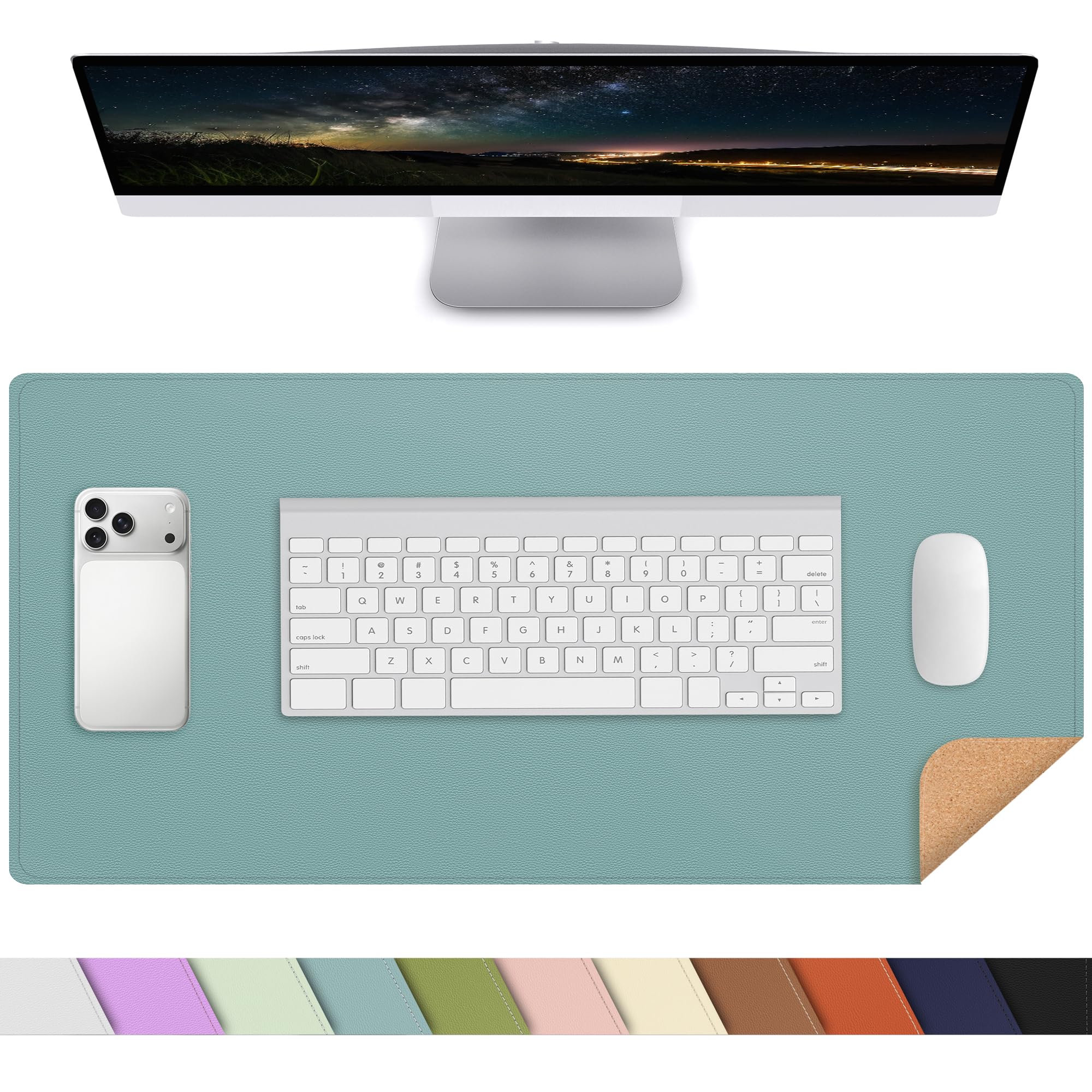 Leather Desk Mat, Large Mouse Mat,PU Leather & Cork Desk Pad, Waterproof Leather Table Protector Writing Pad for Office and Home(60x35cm,Light Blue) — image 1