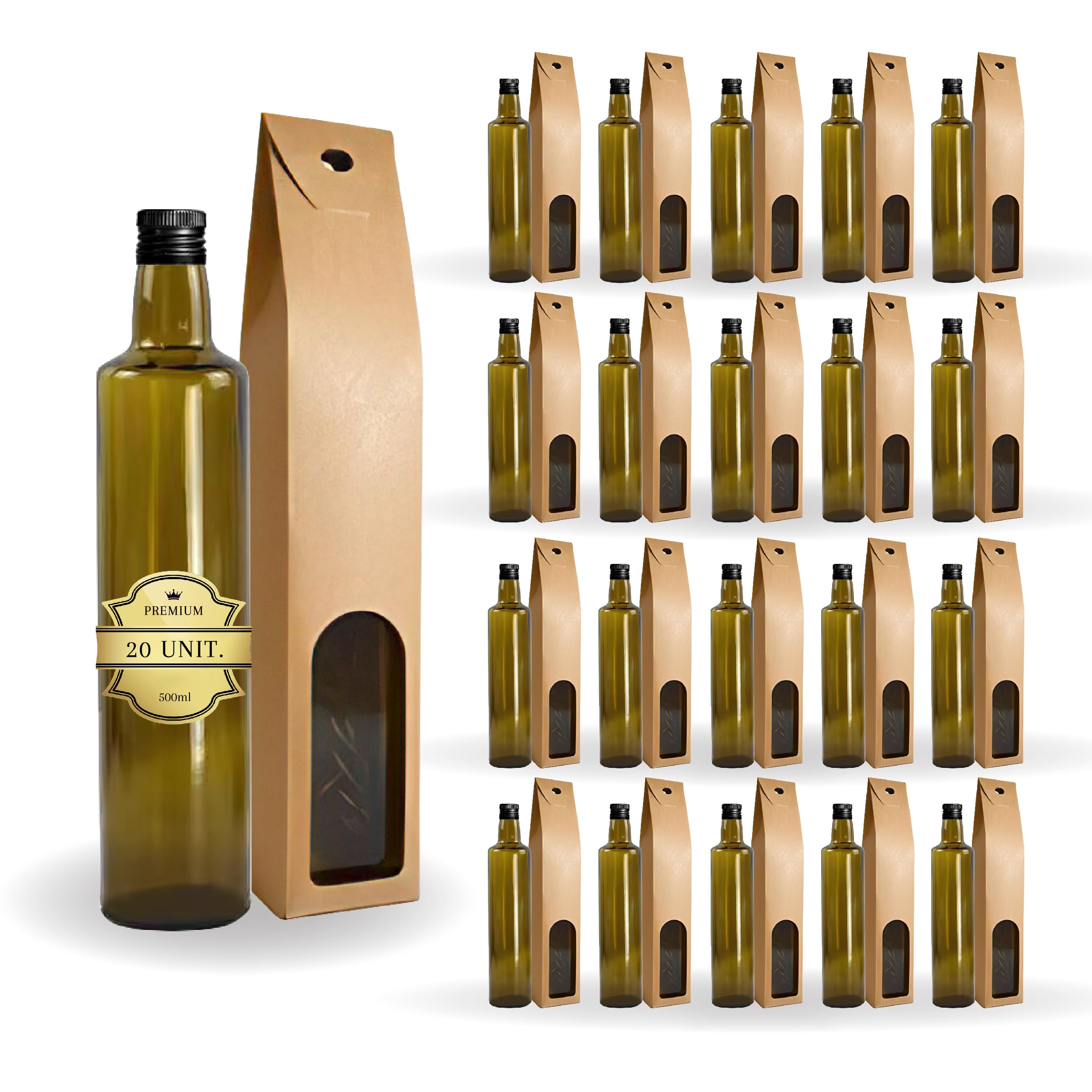 Espirito Rebelde 20 bottiglie in vetro scuro da 500 ml con tappo a vite nero + 20 scatole, olio di oliva, aceto, alcool, salse, oliera