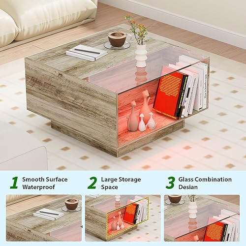 Miniatura 5 de HOME BI Mesa de centro LED única para sala de estar, mesa central con 2 cajones de vidrio de almacenamiento para noche de juegos, 16 colores con
