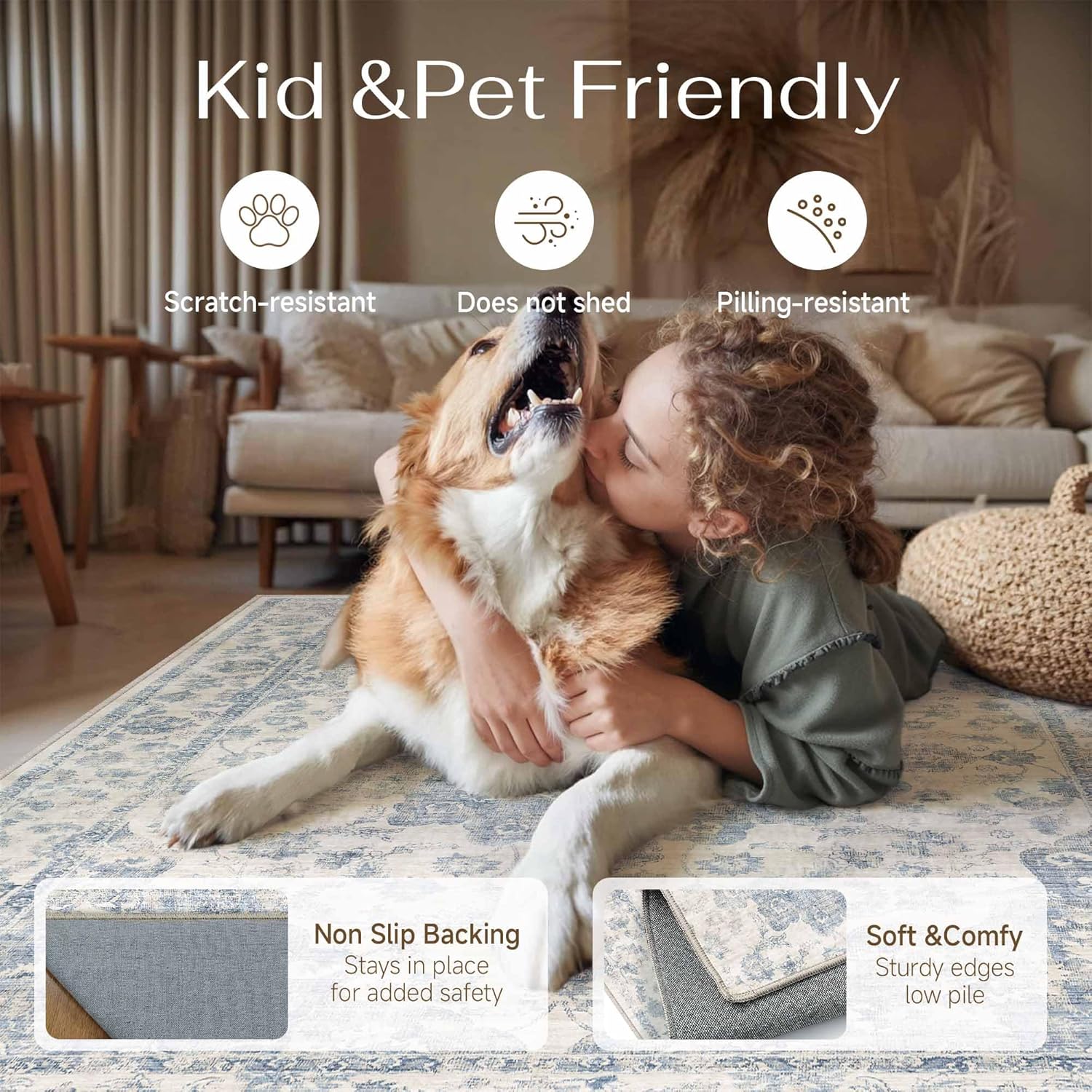 2x6 Washable Neutral Runner Rug Blue Vintage Hallway Kitchen Carpet Non-Slip Soft Low Pile Floral Throw Rug for Bedroom Bathroom Laundry Living Room