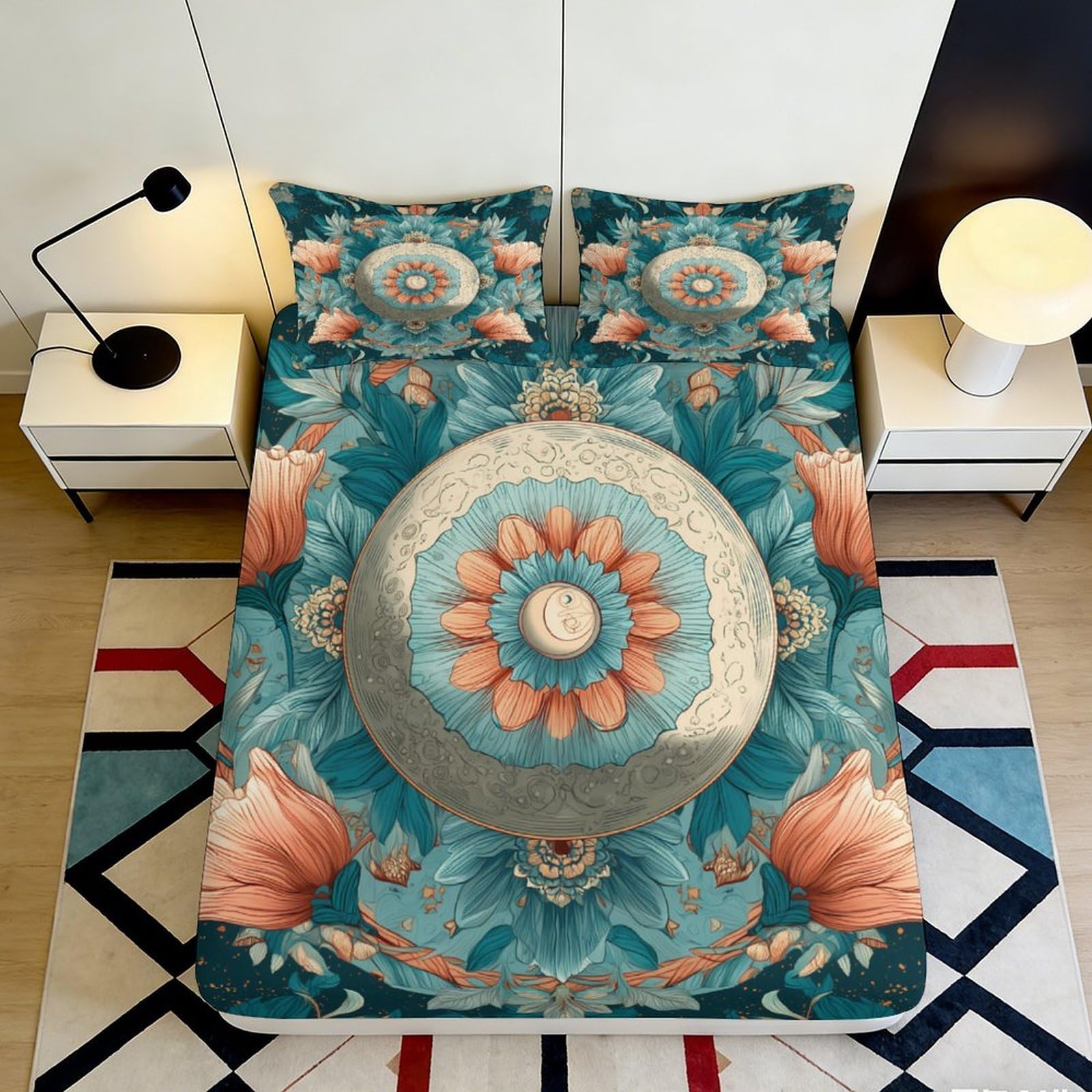 Jqzkxnhpbr Style-10 3D Printed Mandala Floral Fitted Sheet Microfiber Soft Blue Orange Boho Abstract Mattress Cover For Bedroom Living Room Decor 90X200x25cm