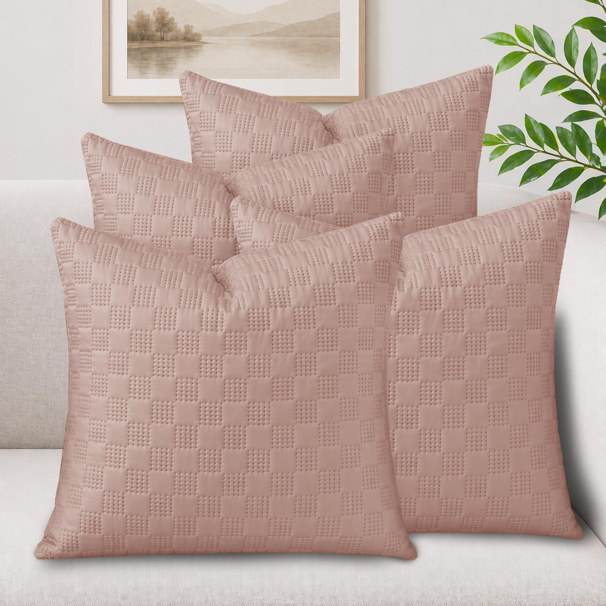 Hafaa Cushions with Covers Included 45 x 45 cm Pink 8 Pcs (4-Cushion Covers, 4-Inserts) Ultrasonic Checked Velvet Square Throw Pillow Cases with Invisible Zipper for Home Decor Sofa Bedroom โ image 1