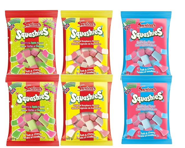 Squashies Candy Bundle Variety Mix of 6 Bags (160 gram/bag)- Cherry & Apple, Raspberry, Bubble Gum Flavors