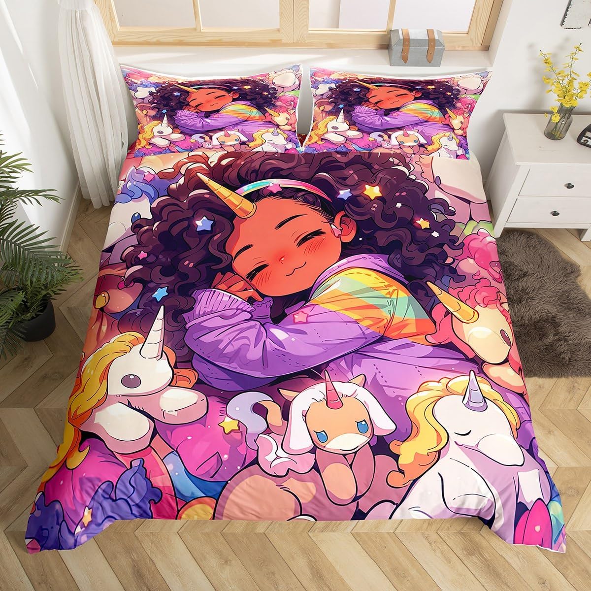 Black Girls Twin Bedding Sets for Girls,Cartoon Unicorn Comforter Cover American African Kids Duvet Cover,Afro Hair Girl Princess Melanin Bed Set Magical Animal Dreamy Horse Kawaii Room Decor