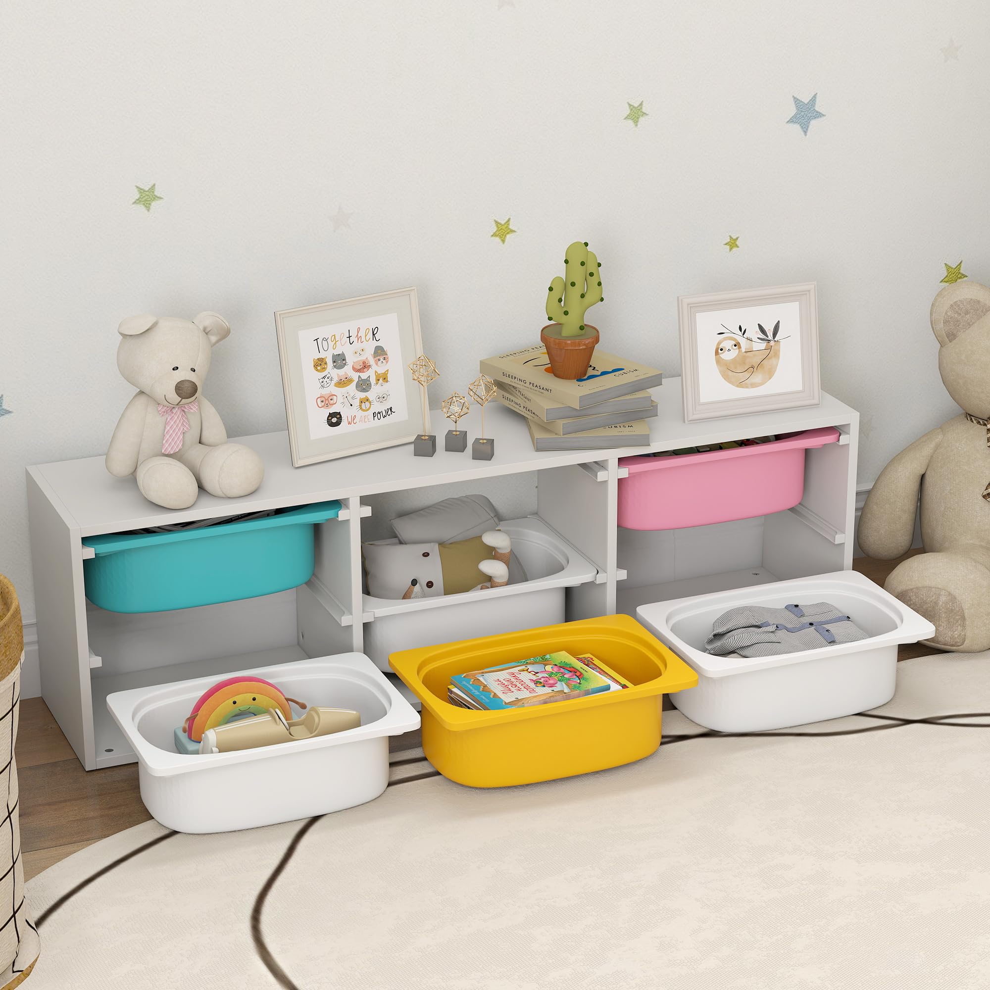 AIYAPLAY Meuble Rangement Enfant à 2 Niveaux avec 6 bacs Amovibles, étagère de Rangement pour Jouets Enfants pour Chambre d'enfant, Salle de Jeux ou garderie, Blanc