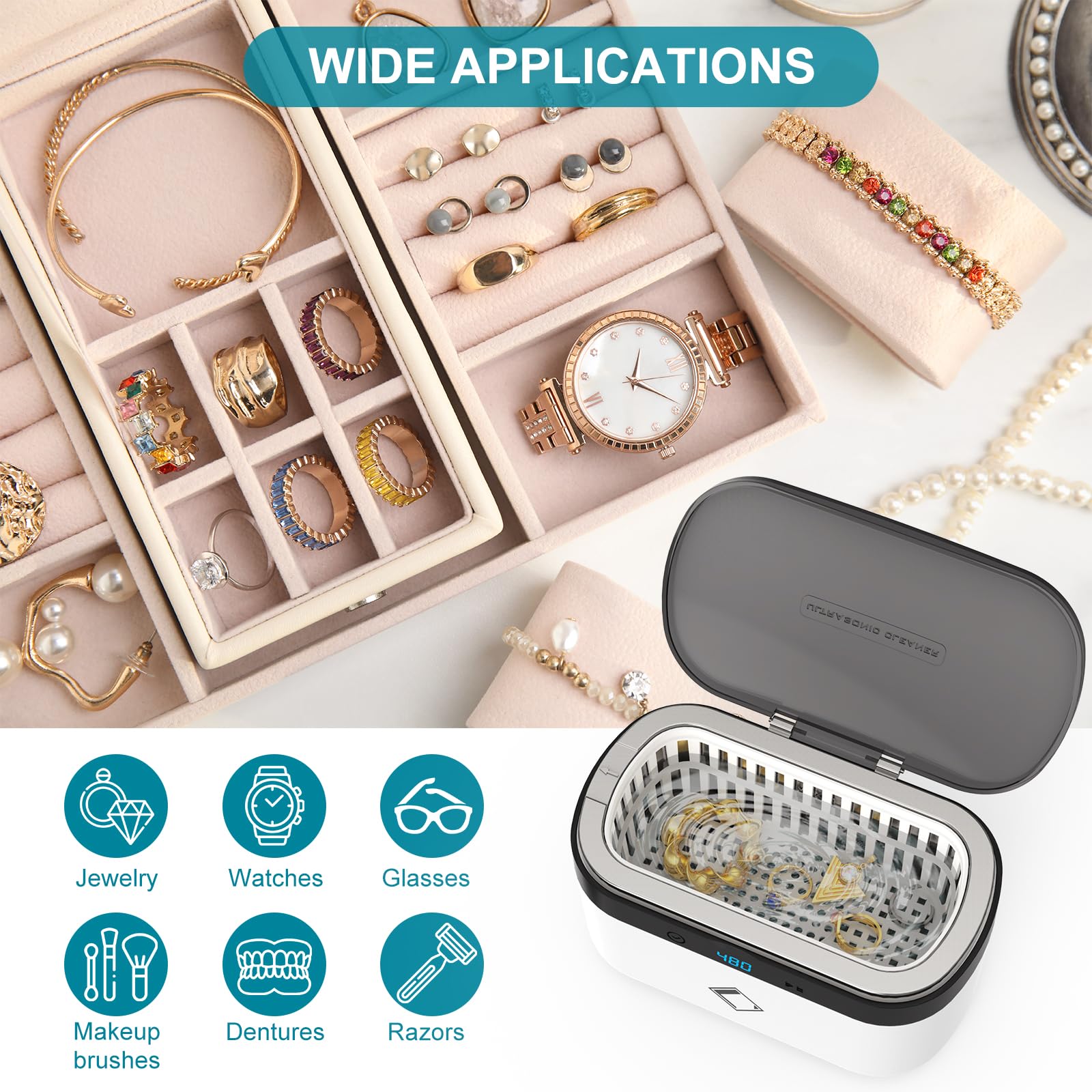 LifeBasis Nettoyeur Ultrasonique 42000Hz, 500ML Nettoyeur à Ultrasons Portable avec Panneau Tactile et 5 Modes pour Lunettes,Bijoux, Montre,Pinceaux de Maquillage