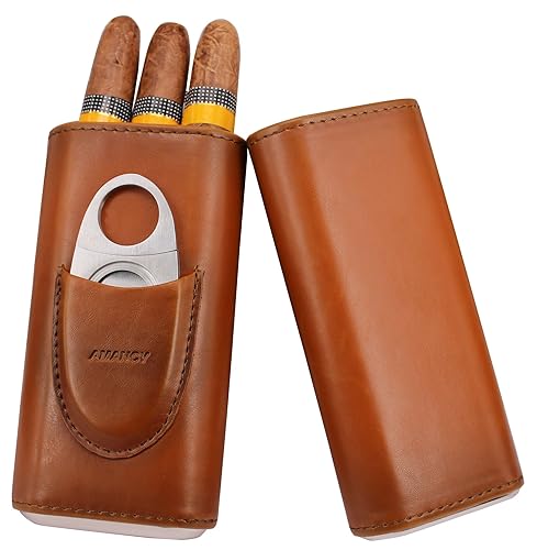 AMANCY Premium 3- Finger Brown Leather Cigar Case, Cedar Wood