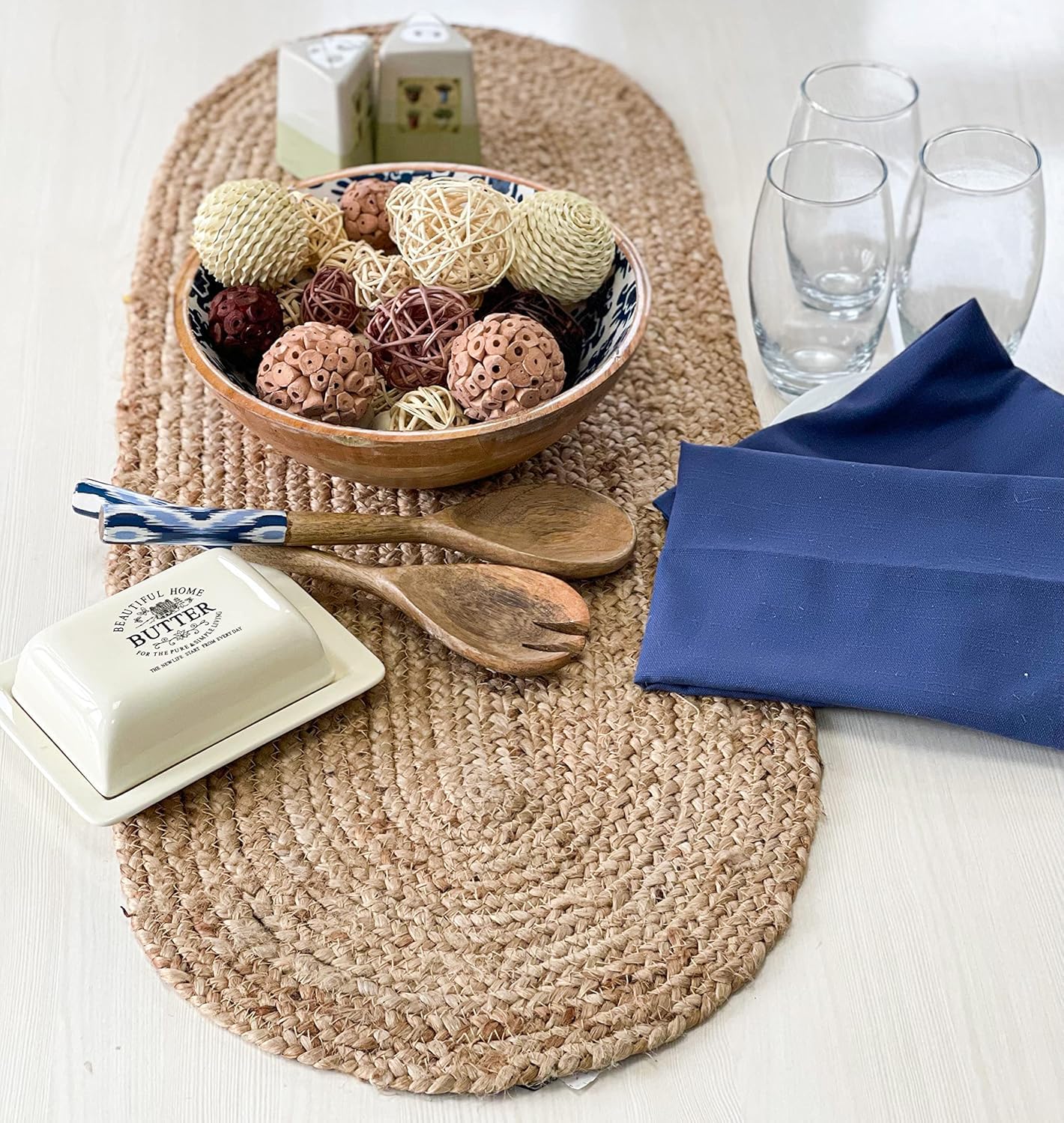 ALV Oval Jute Table Runner 13X 36 Inches Woven Braided Dining Runner Natural Jute Runner Rattan Table Runner for Dining Table Coffee Table