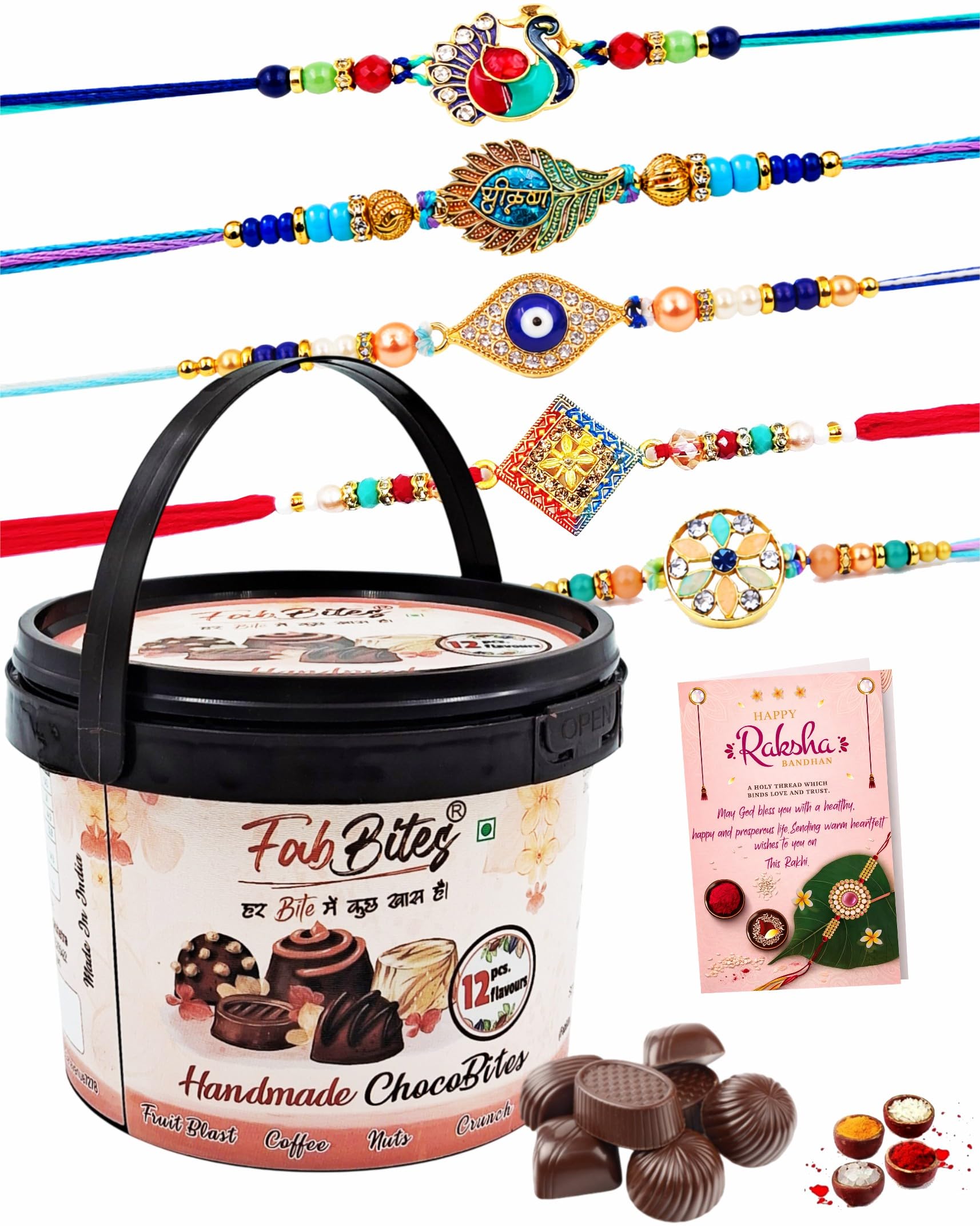 Rakhi for Brother with Chocolate Gift Box – Set of 5 Designer Rakhi Combo with 12 Variety Chocolate Hamper, Rakshabandhan Greeting Card & Tikka Set for Bhaiya, Boys, Men, Elder & Younger Brother-image-29