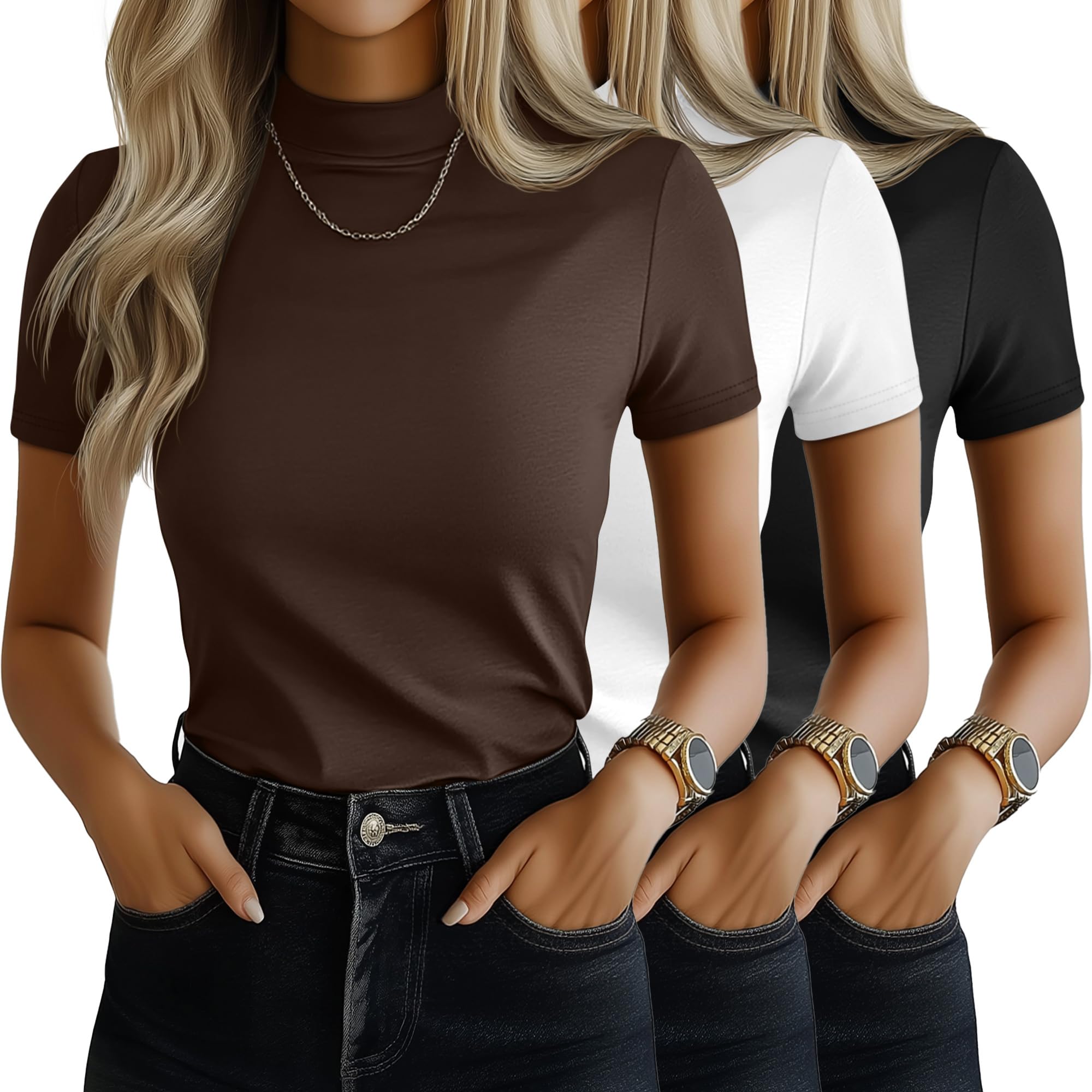 Ficerd 3er-Pack Damen-Shirts mit Stehkragen, Kurzarm-Rollkragenoberteile, Schmal Geschnitten, Lässige Sommer-Basic-Shirts