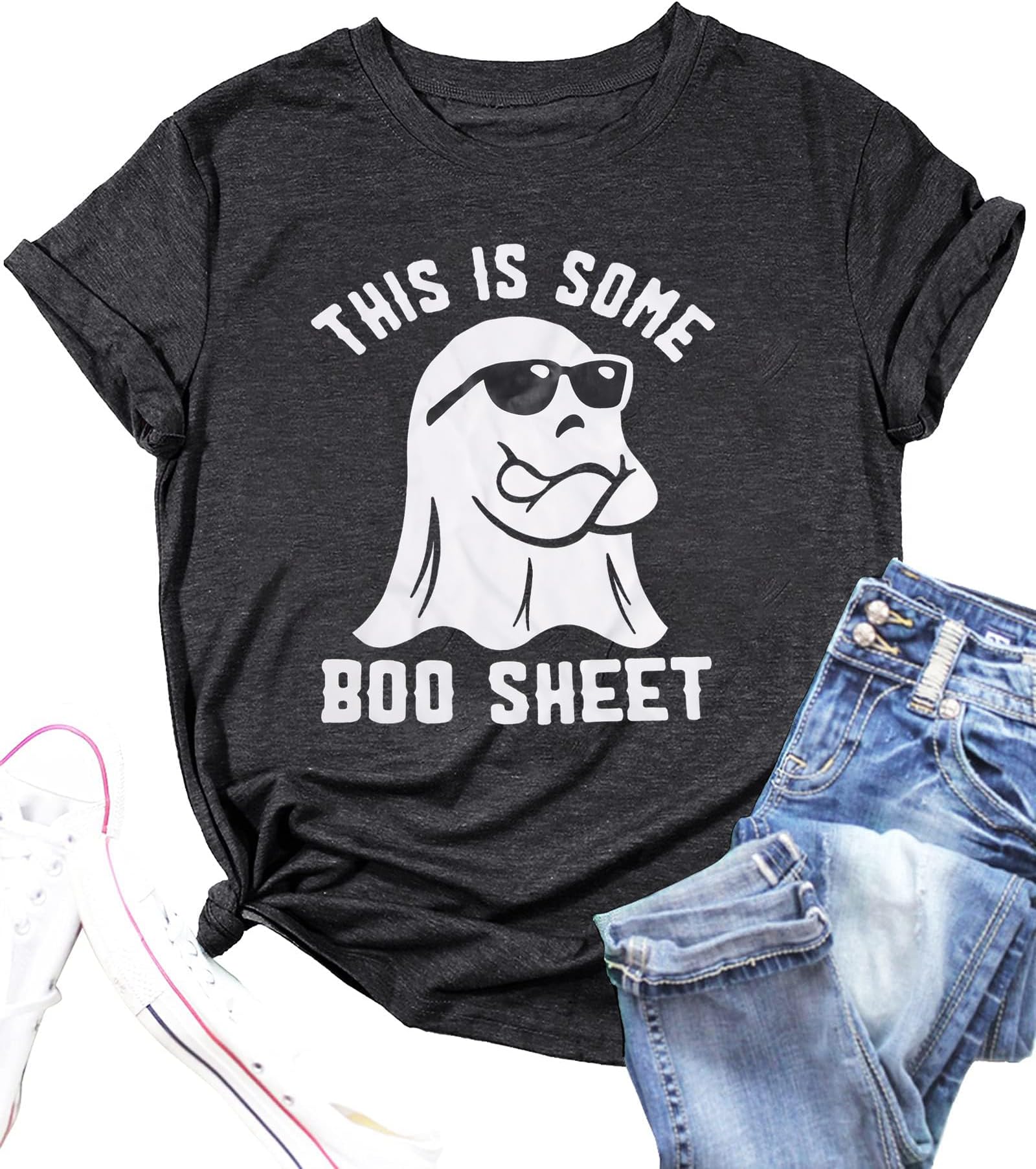 JINTINGThis is Some Boo Sheet Shirt for Women Funny Halloween T-Shirt Spooky Season Tee Short Sleeve Top
