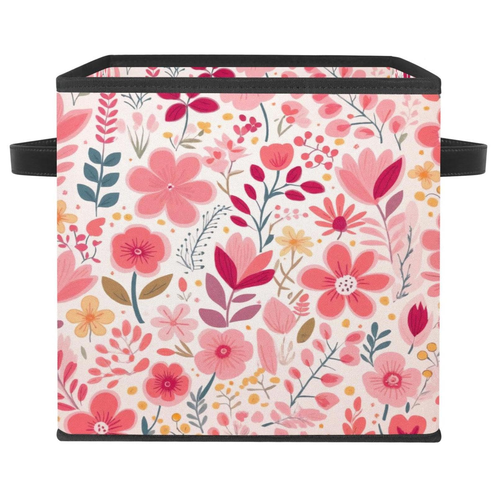 Boîte de rangement pliable fleurie rose avec poignées en cuir pour placard