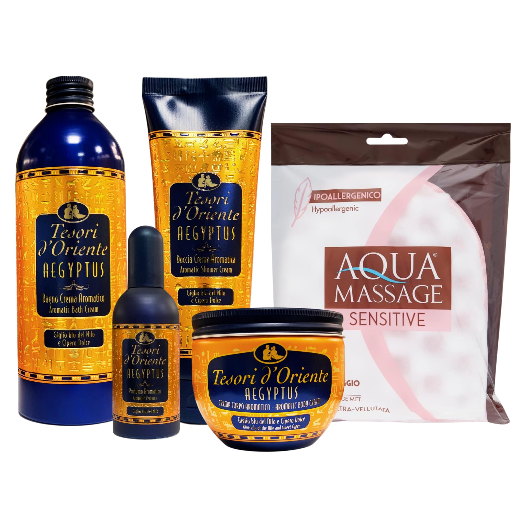 SET AEGYPTUS: Bagno Crema Aromatico 500ml + Doccia Crema Aromatica 250ml + Crema Corpo Aromatica 300ml + Profumo Aromatico 100ml + Guanto In Spugna