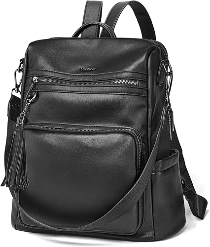 OPAGE - Mochila de cuero para mujer, con borla de moda, bolso de hombro, mochila grande, bolsa de viaje, Negro, L, Viajar
