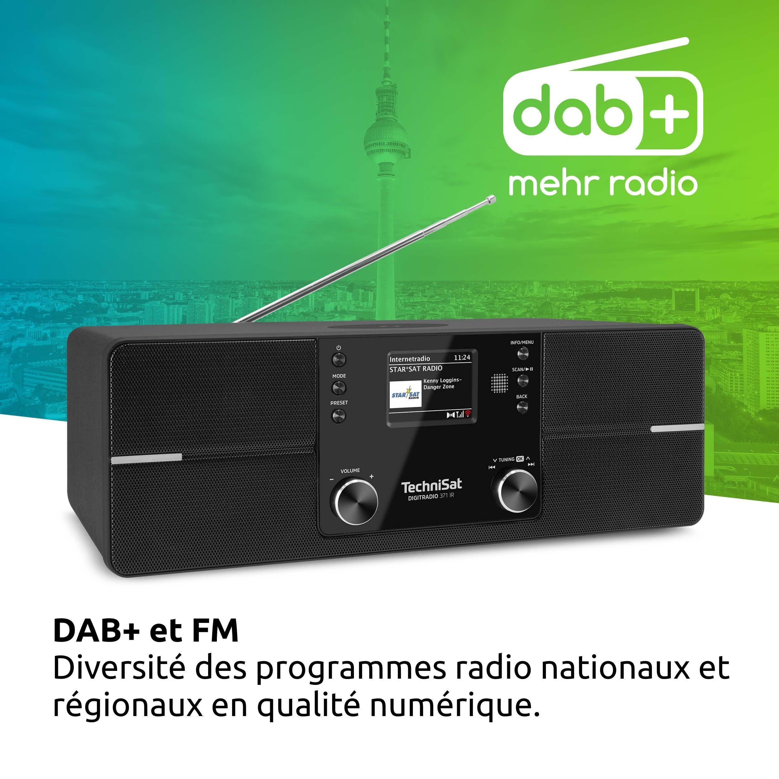 TechniSat DIGITRADIO 371 IR - Radio Internet avec charge sans fil (DAB+, FM, WLAN, réception Bluetooth, écran couleur, USB, AUXin, réveil, 10 W, commande par application/télécommande)
